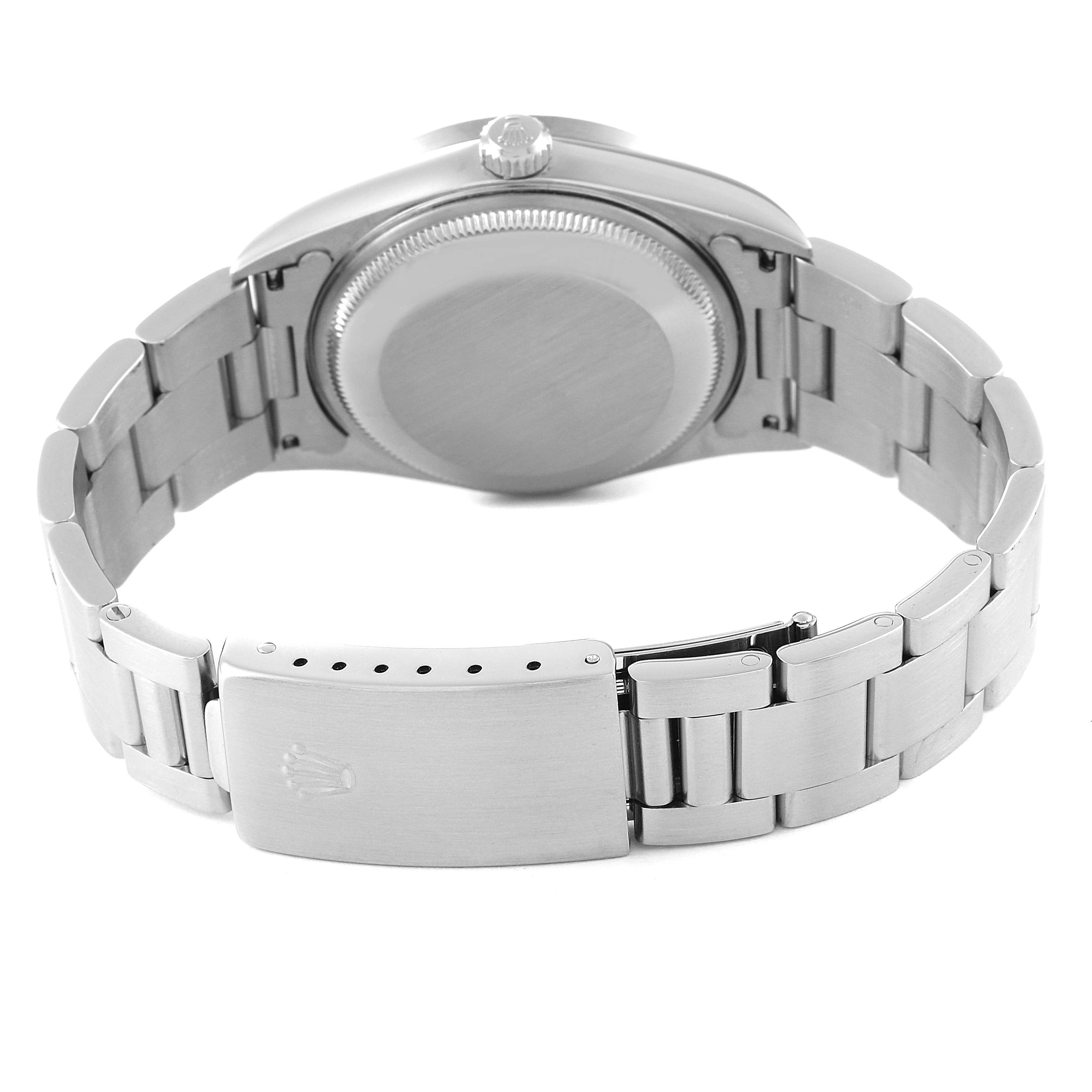 This image shows the back of the Rolex Date 15210 Men
s Stainless Steel Blue Dial 15210 Men
s Stainless Steel Blue Dial model watch, including the bracelet and clasp.