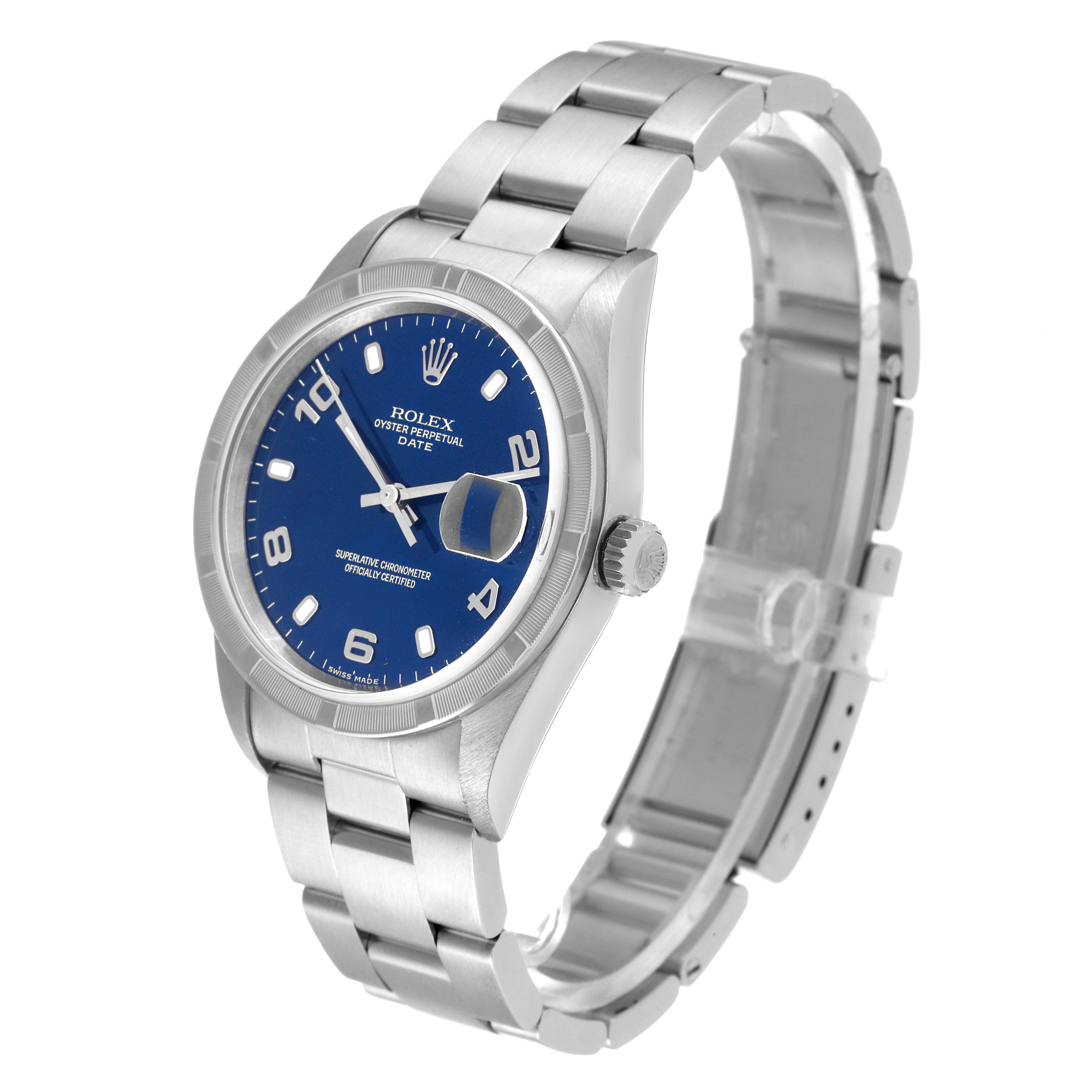 The image shows a side angle of the Rolex Date 15210 Men
s Stainless Steel Blue Dial 15210 Men
s Stainless Steel Blue Dial model, highlighting the blue dial, stainless steel bracelet, and crown.