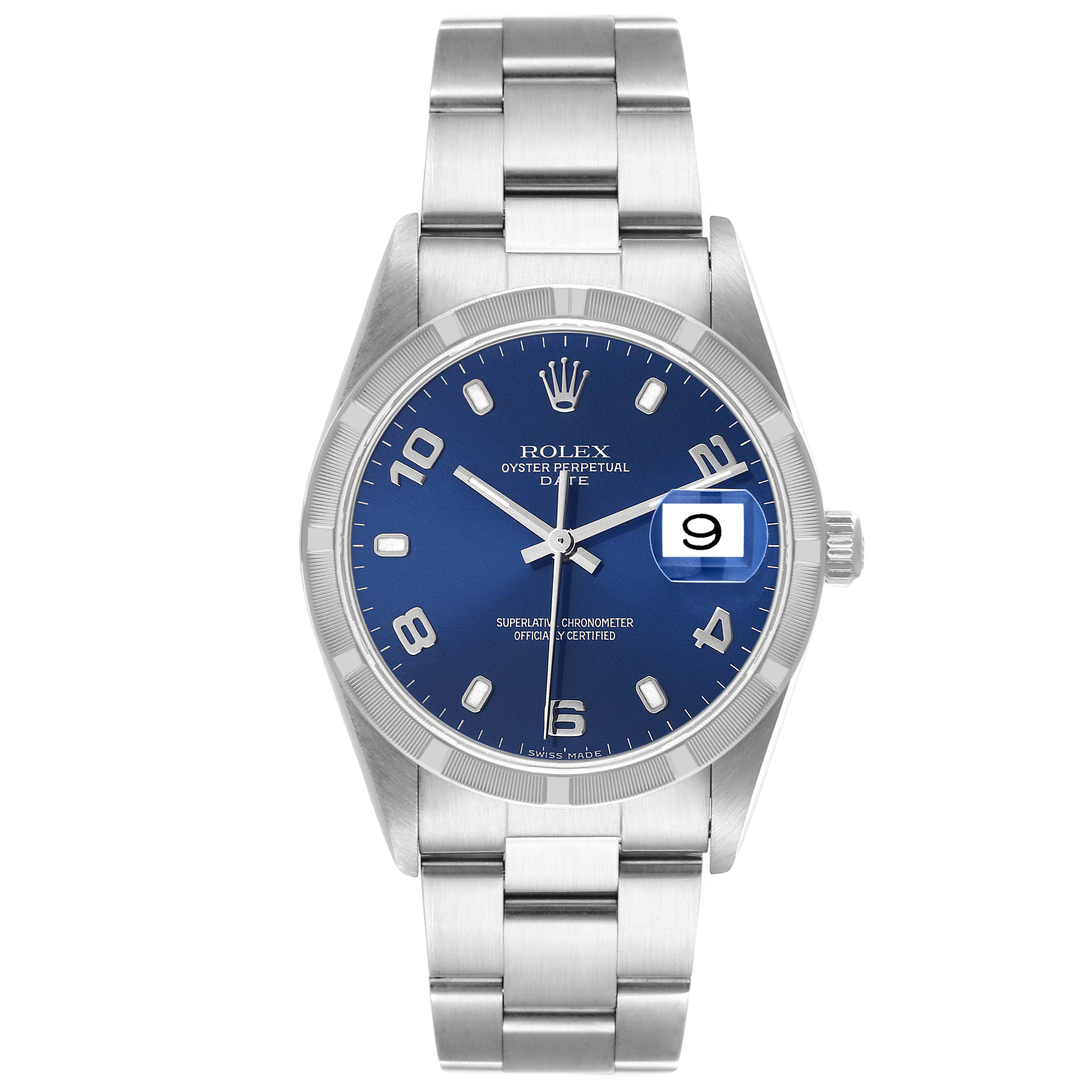 This image shows a Rolex Date 15210 Men
s Stainless Steel Blue Dial 15210 Men
s Stainless Steel Blue Dial model watch from a front angle, highlighting its blue dial, bracelet, and date display.