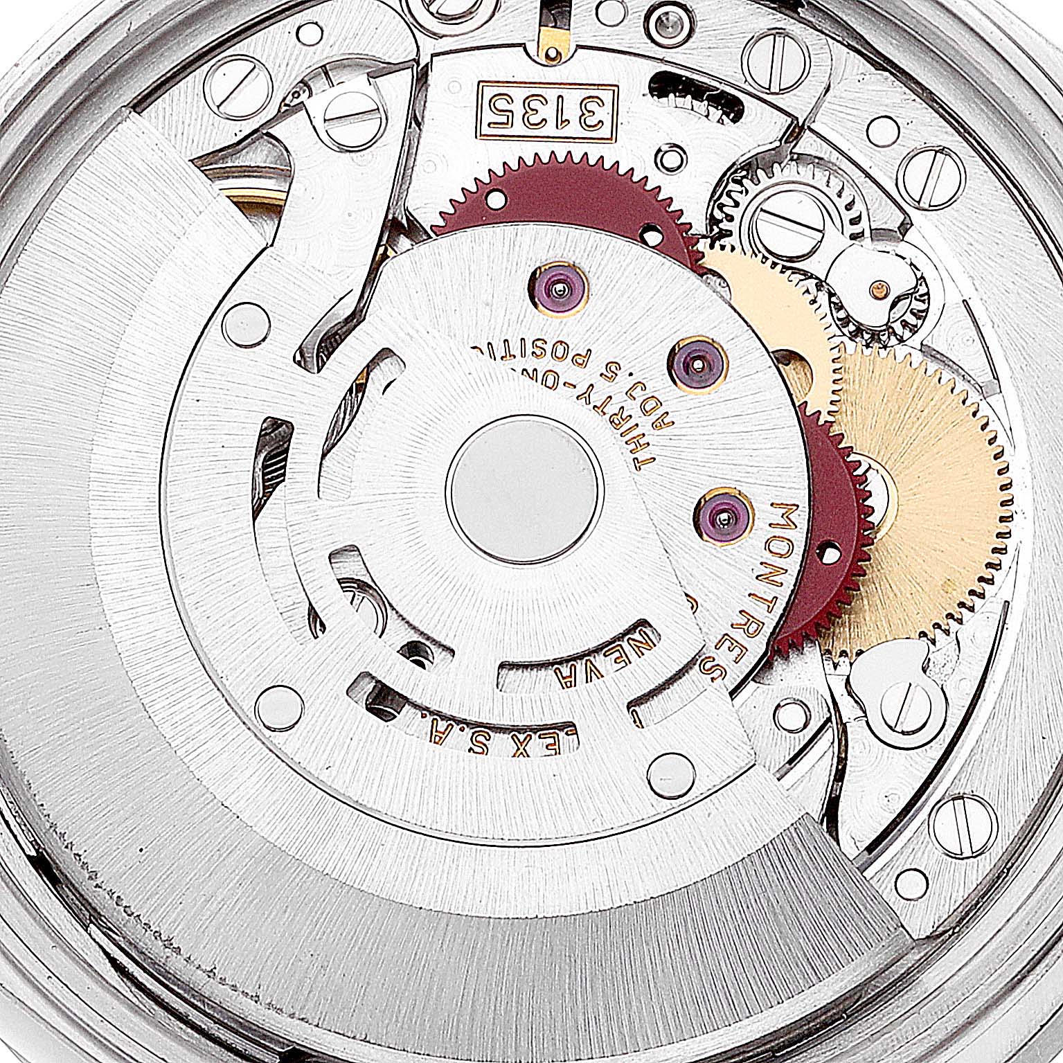 This image shows a close-up view of the internal mechanism of a Rolex Date 15210 Men
s Stainless Steel Blue Dial 15210 Men
s Stainless Steel Blue Dial model watch.
