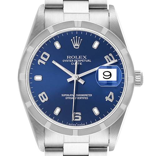Photo of Rolex Date Blue Dial Engine Turned Bezel Steel Mens Watch 15210 Box Papers