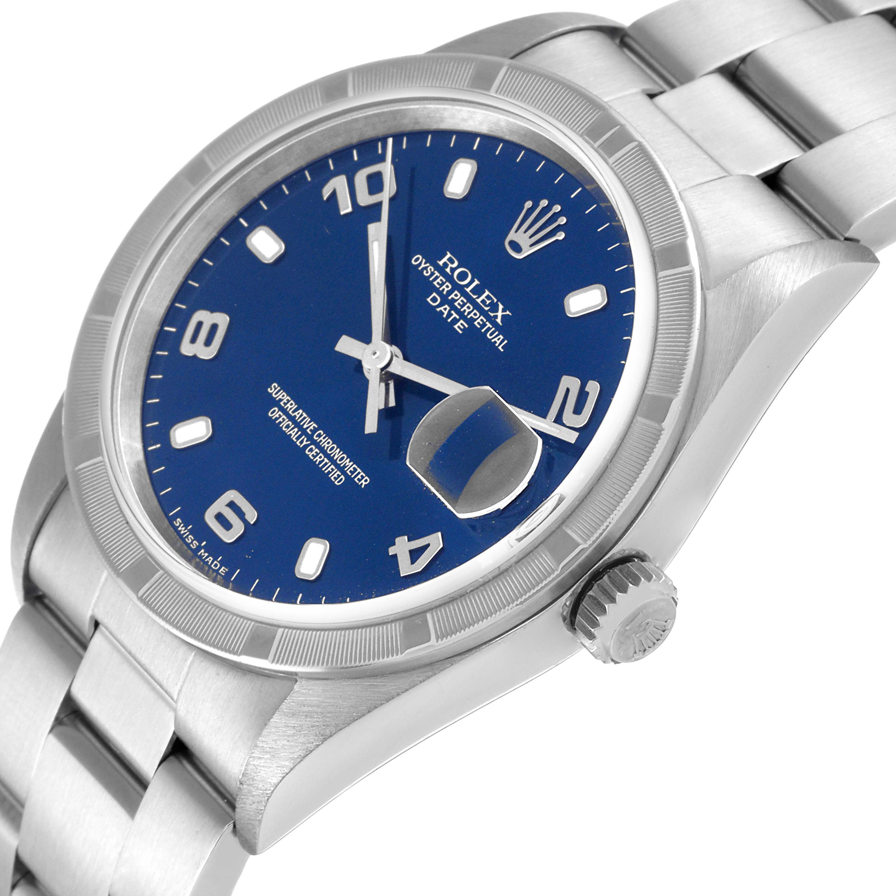 The image shows a Rolex Date 15210 Men
s Stainless Steel Blue Dial 15210 Men
s Stainless Steel Blue Dial model watch at an angle highlighting the blue dial, crown, and part of the bracelet.