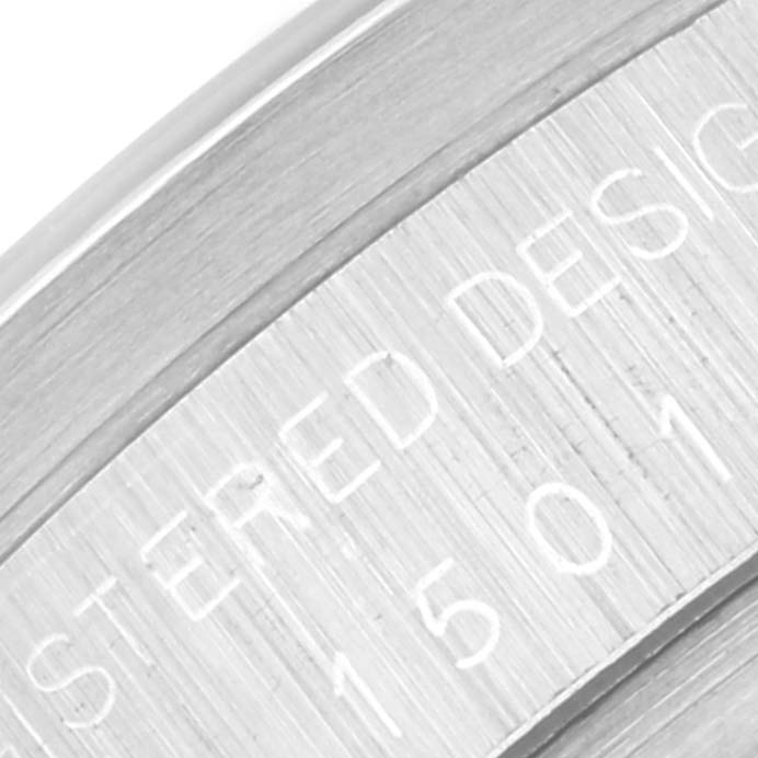 The close-up image shows the engraved case side of a Rolex Vintage Collection 1501 Men's Stainless Steel Silver Dial 1501 Men's Stainless Steel Silver Dial model, highlighting the text "REGISTERED DESIGN 1501."