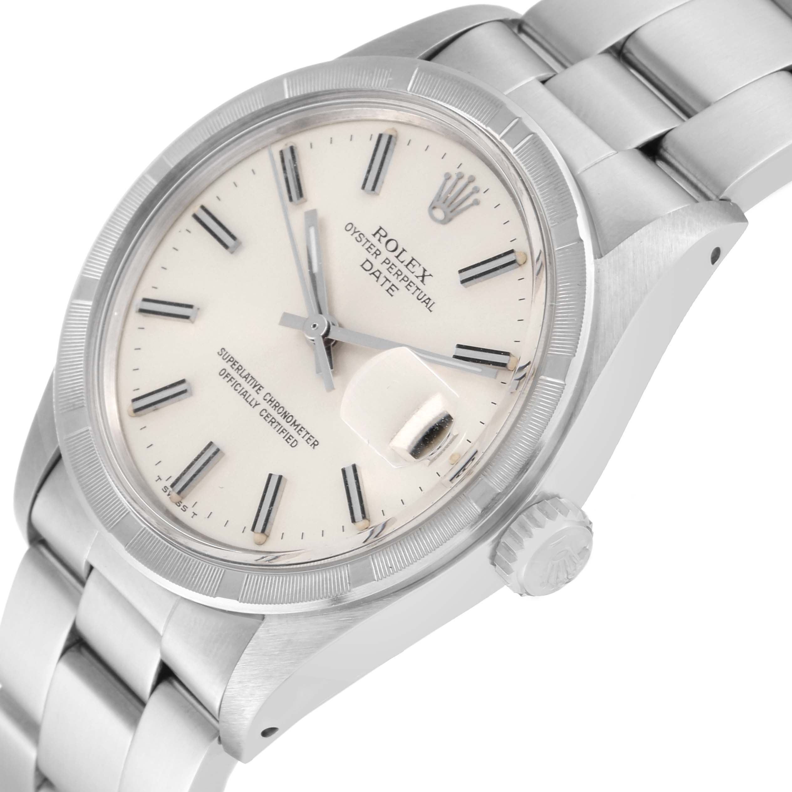 The image shows a partial side view of a Rolex Vintage Collection 1501 Men's Stainless Steel Silver Dial 1501 Men's Stainless Steel Silver Dial Oyster Perpetual Date watch, highlighting the face, bezel, and bracelet.