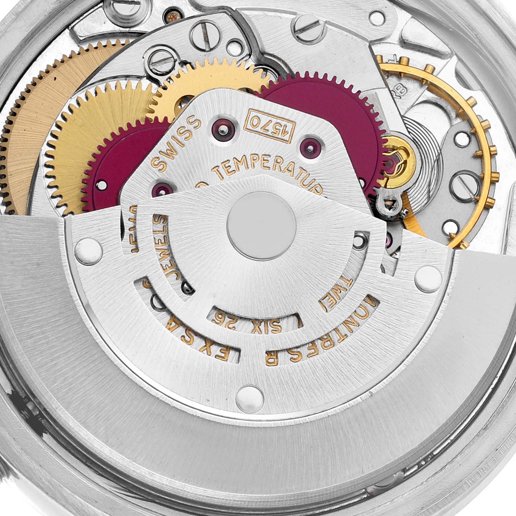 The image shows a close-up view of the intricate inner mechanics of a Rolex Vintage Collection 1501 Men's Stainless Steel Silver Dial 1501 Men's Stainless Steel Silver Dial watch.