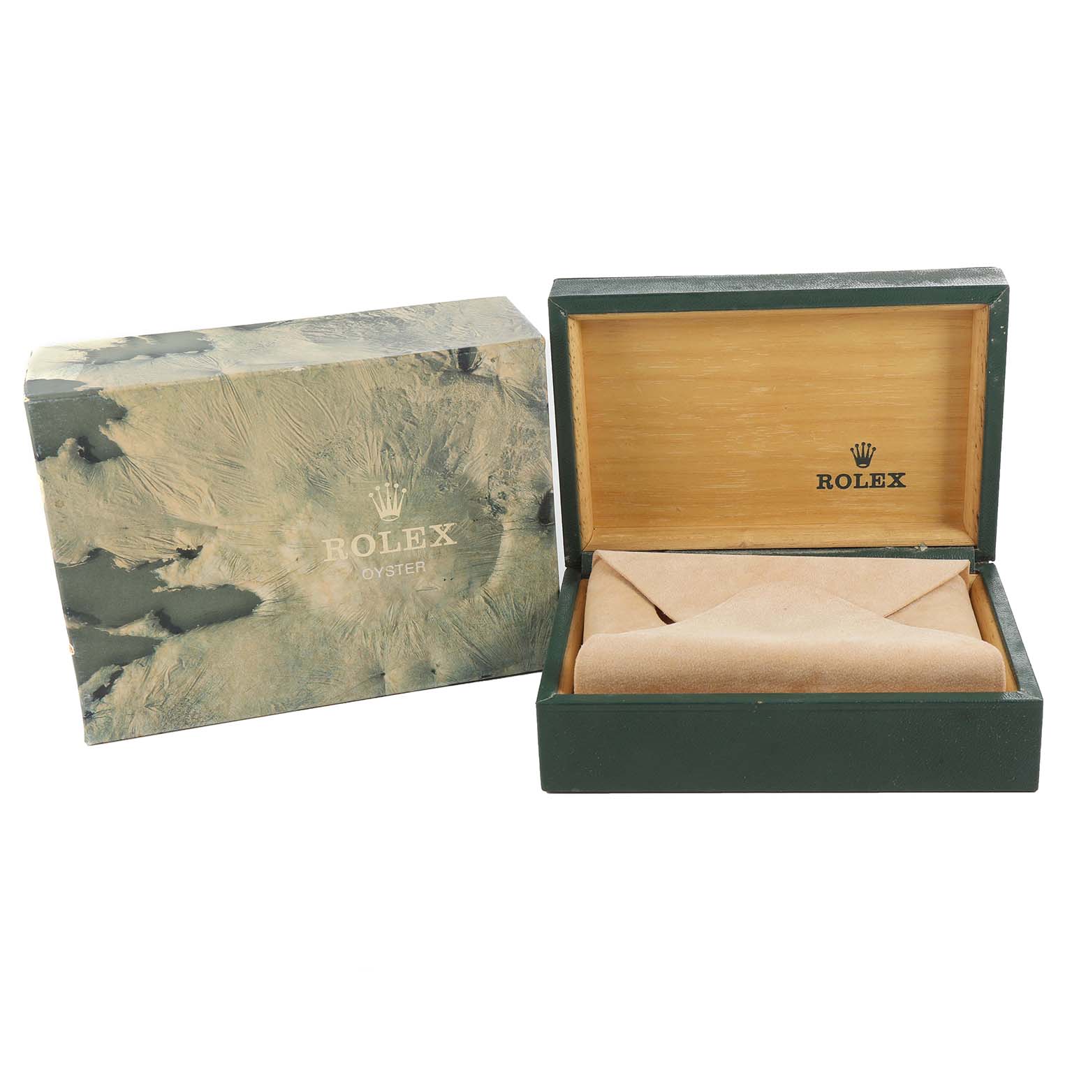 The image shows the packaging and box for the Rolex Vintage Collection 1501 Men's Stainless Steel Silver Dial 1501 Men's Stainless Steel Silver Dial model from a front angle.