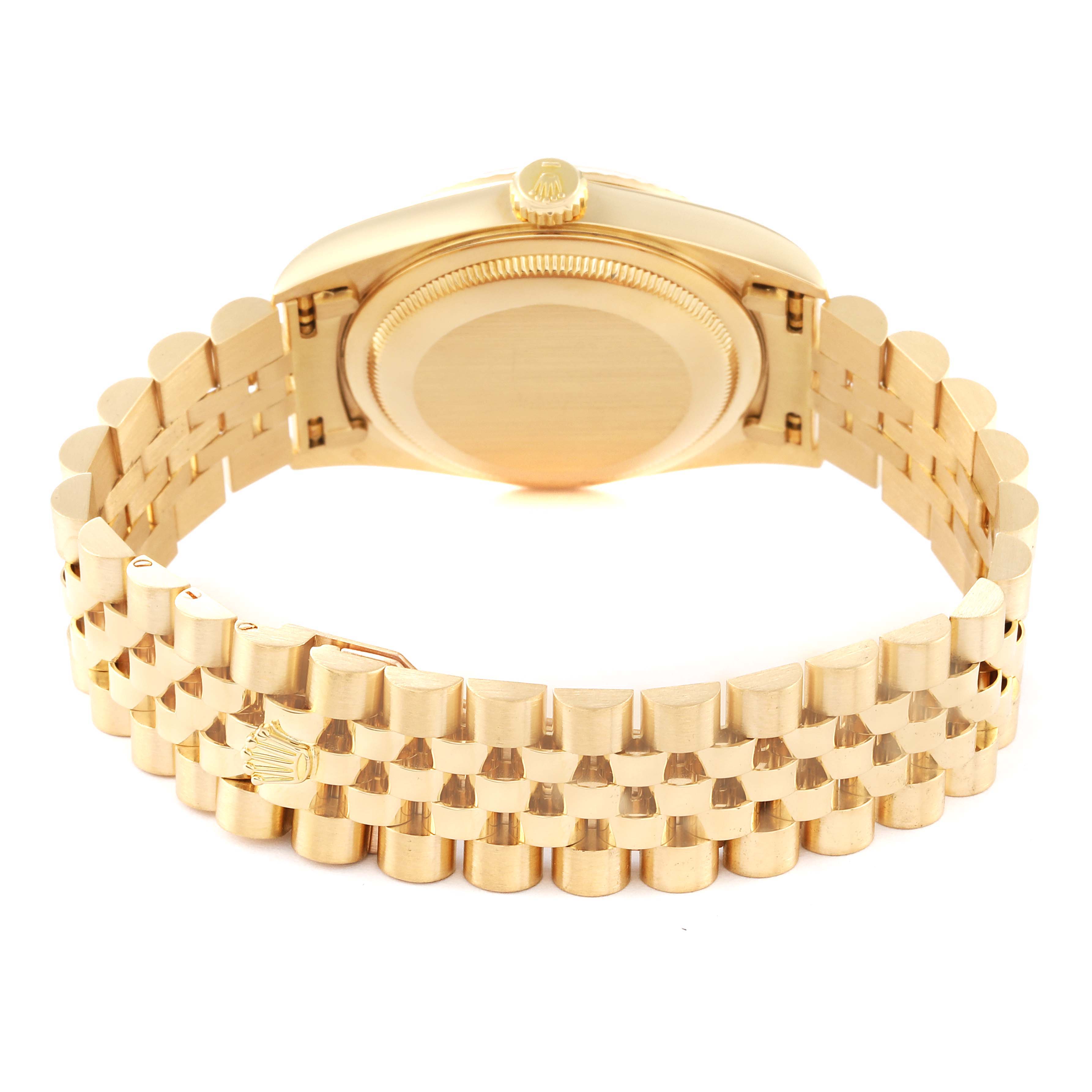 The image shows the back and bracelet of a Rolex Datejust 16238 Men's Yellow Gold Champagne Dial 16238 Men's Yellow Gold Champagne Dial watch, viewed from the rear with the crown and bracelet clasp visible.