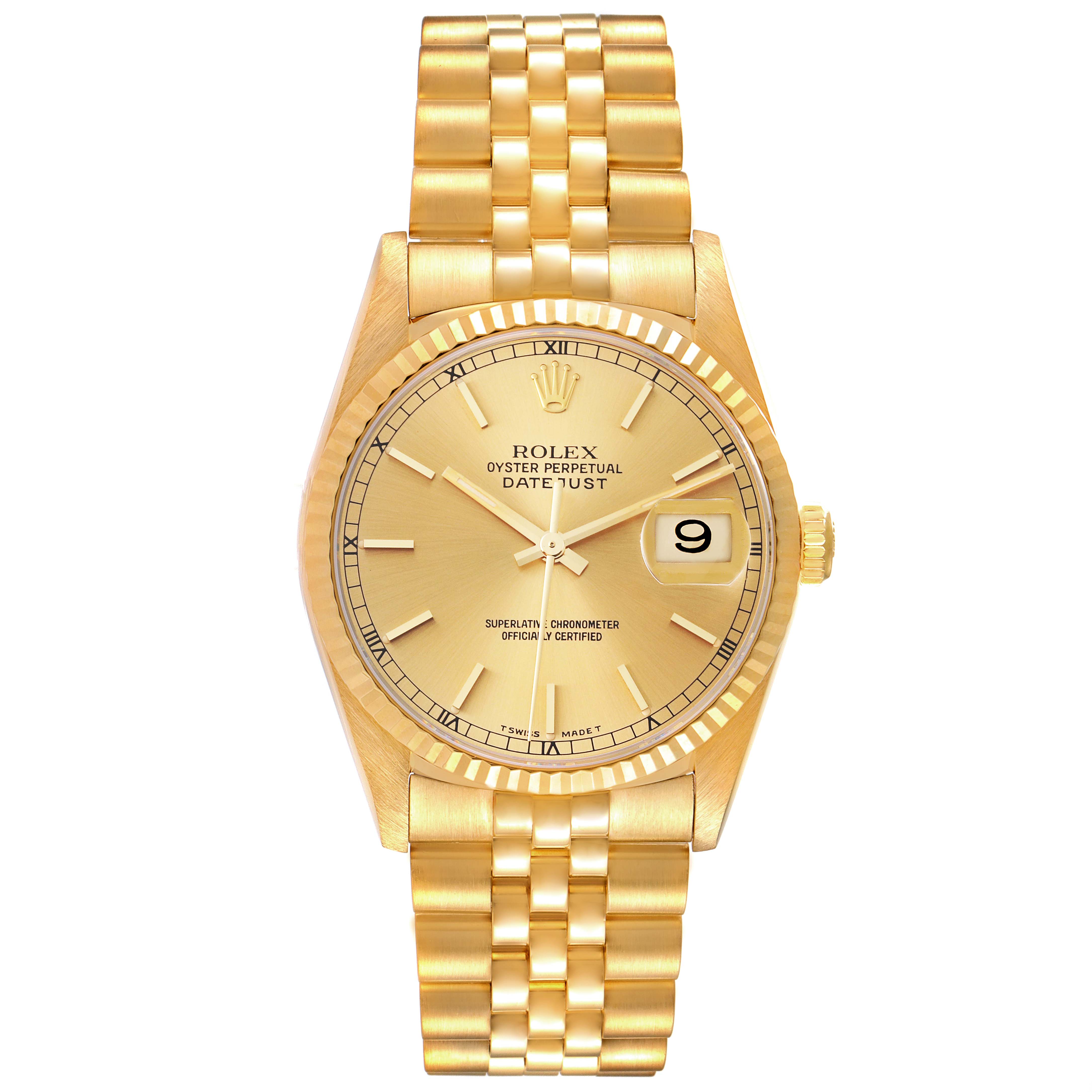 The image shows a front view of the Rolex Datejust 16238 Men's Yellow Gold Champagne Dial 16238 Men's Yellow Gold Champagne Dial watch, featuring the dial, hands, date window, bezel, and bracelet.