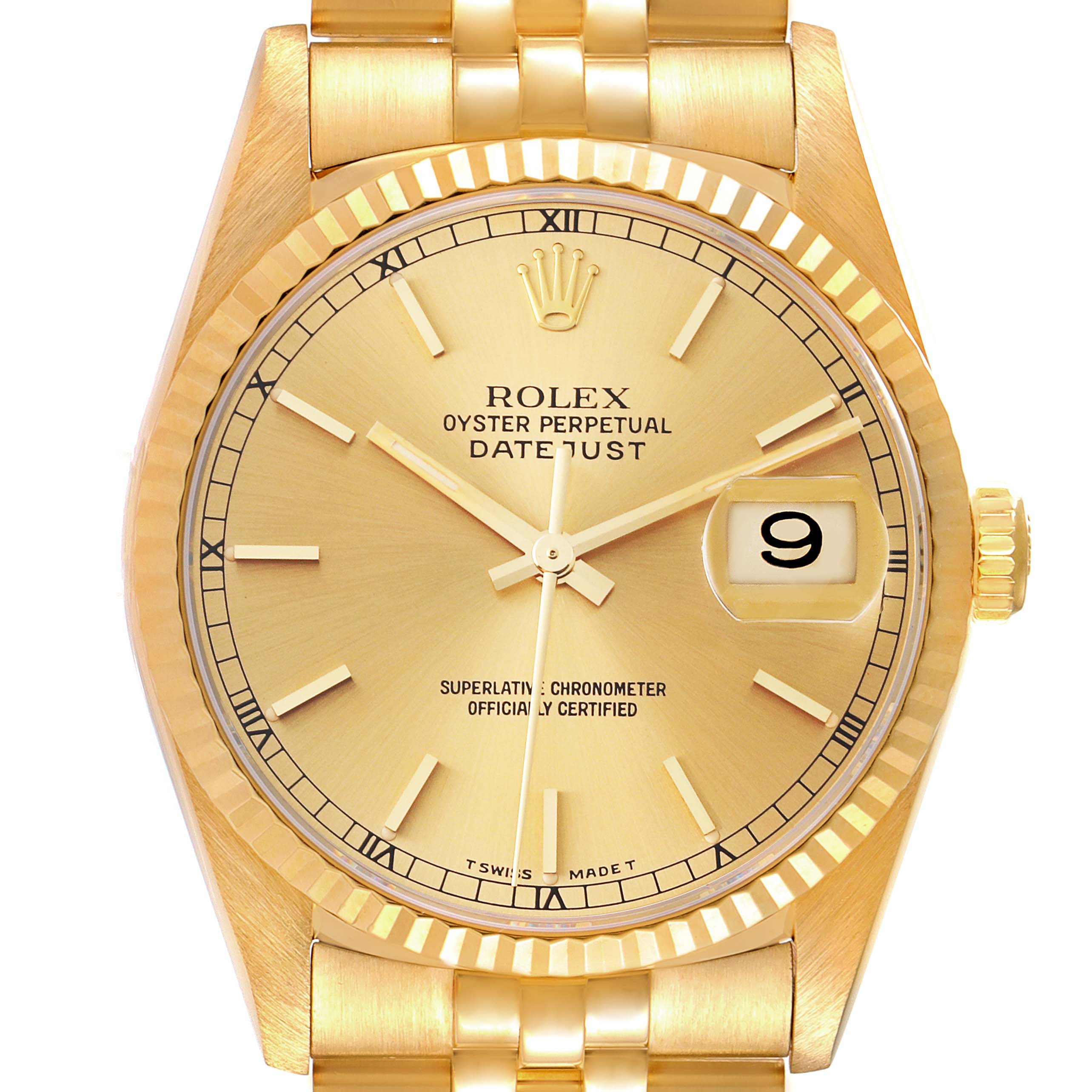 This image shows a close-up of the dial, bezel, and part of the bracelet of the Rolex Datejust 16238 Men's Yellow Gold Champagne Dial 16238 Men's Yellow Gold Champagne Dial watch.