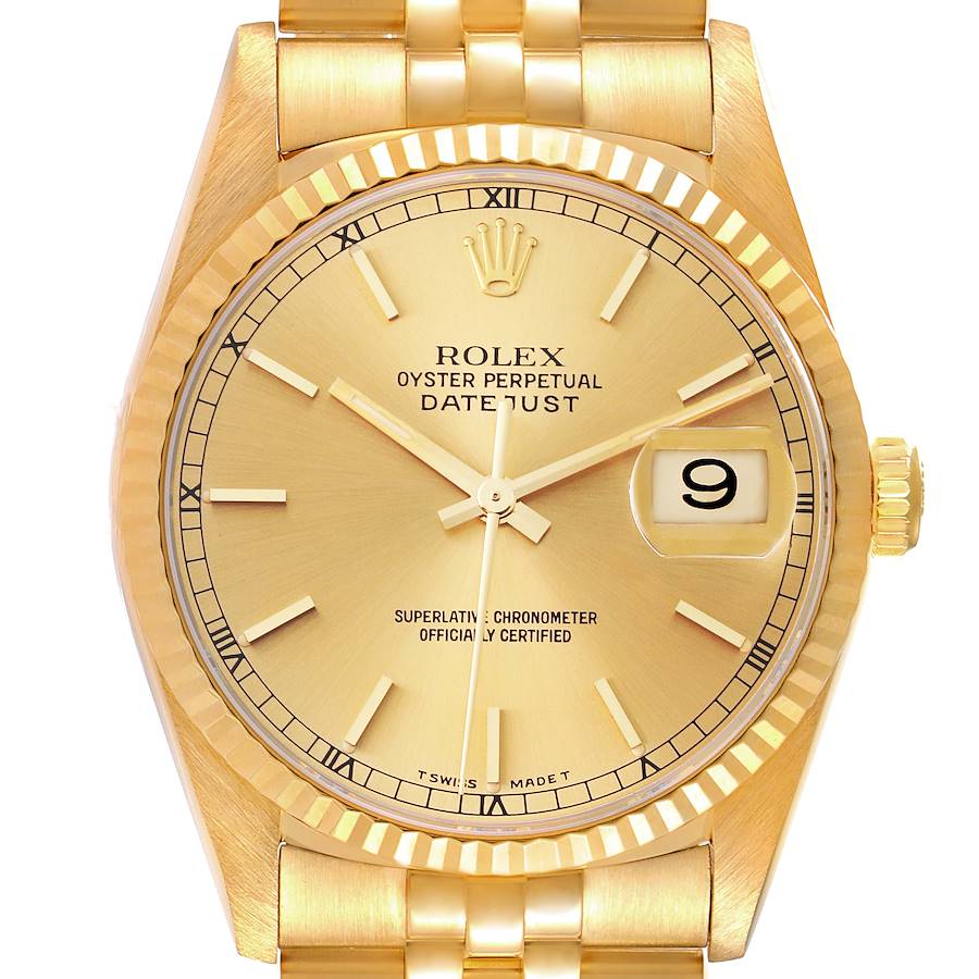 Rolex Datejust 18k Yellow Gold Champagne Dial Mens Watch 16238 SwissWatchExpo