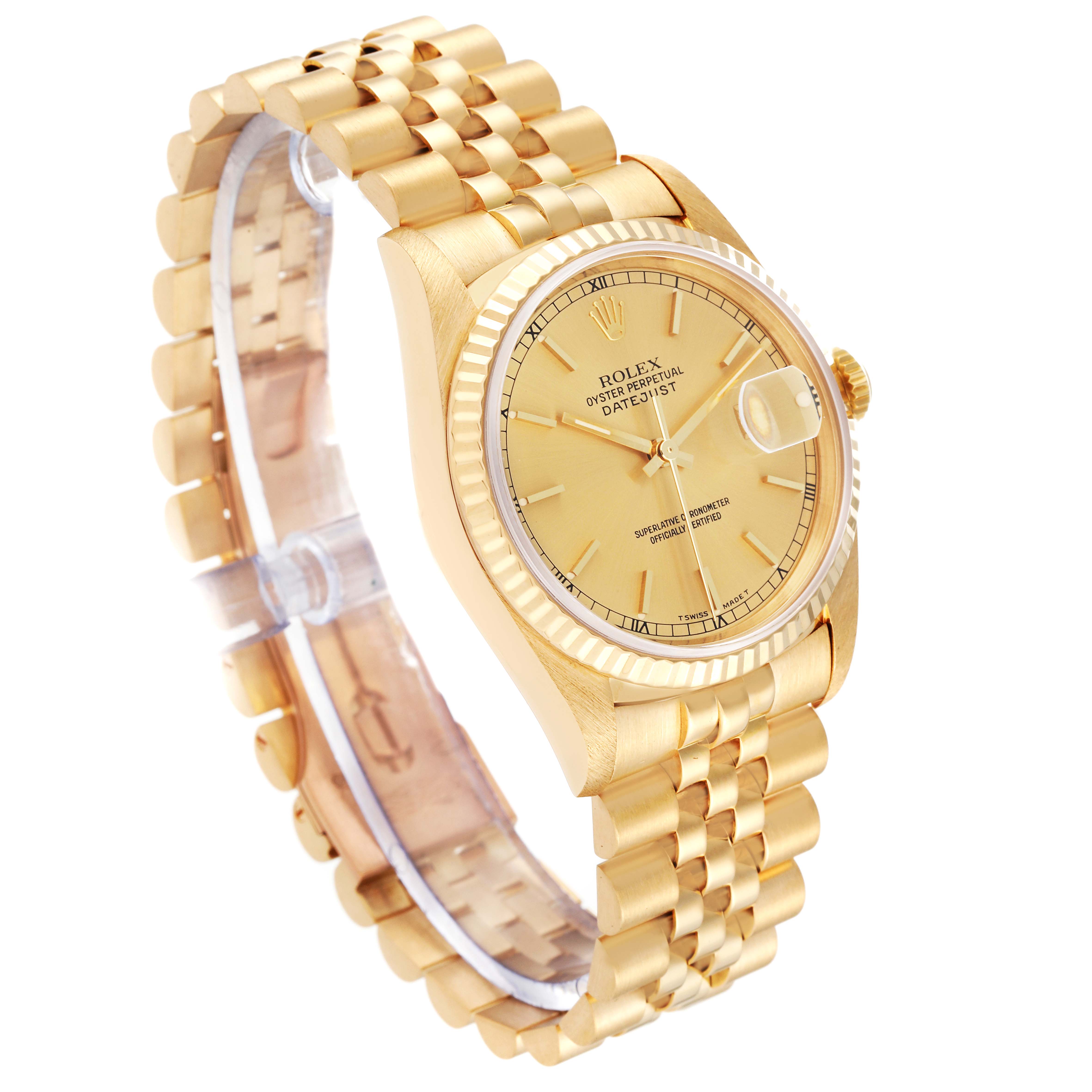 This Rolex Datejust 16238 Men's Yellow Gold Champagne Dial 16238 Men's Yellow Gold Champagne Dial watch is shown at an oblique angle, highlighting the watch case, dial, and bracelet.