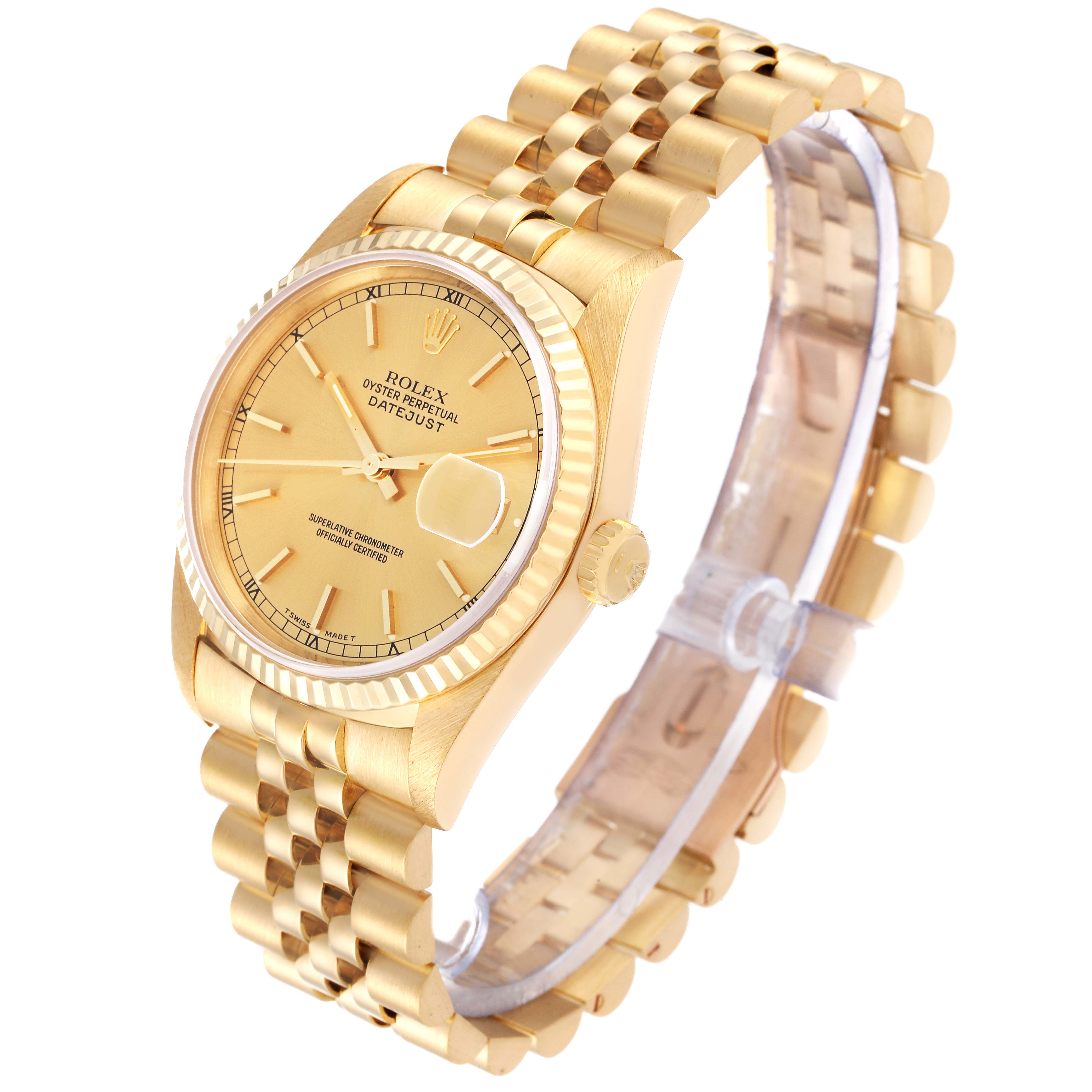 The image shows a side angle of a Rolex Datejust 16238 Men's Yellow Gold Champagne Dial 16238 Men's Yellow Gold Champagne Dial watch, highlighting the dial, bezel, crown, and bracelet.