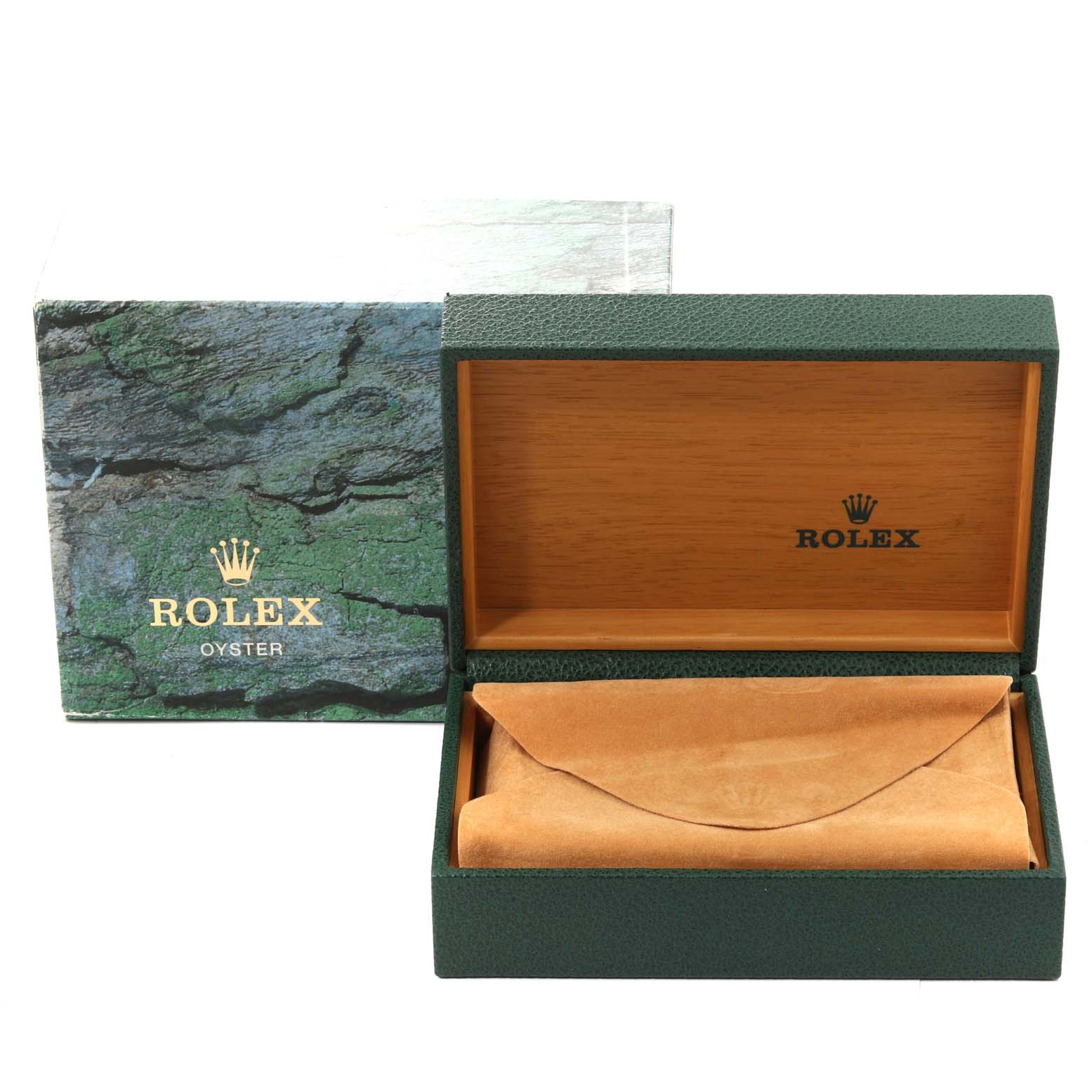 This image shows an open Rolex Datejust 16238 Men's Yellow Gold Champagne Dial 16238 Men's Yellow Gold Champagne Dial watch box and its outer packaging from a frontal angle.