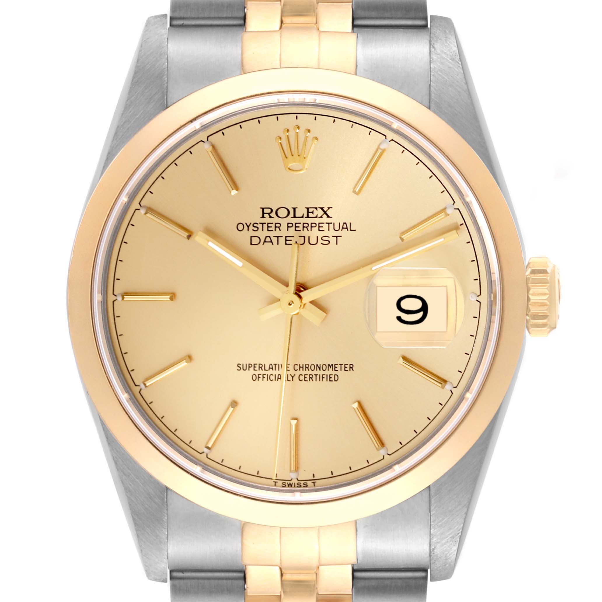 The Rolex Datejust 16203 Men's Stainless Steel Champagne Dial 16203 Men's Stainless Steel Champagne Dial watch is shown from a front angle, highlighting its gold dial, date window, and two-tone bracelet.