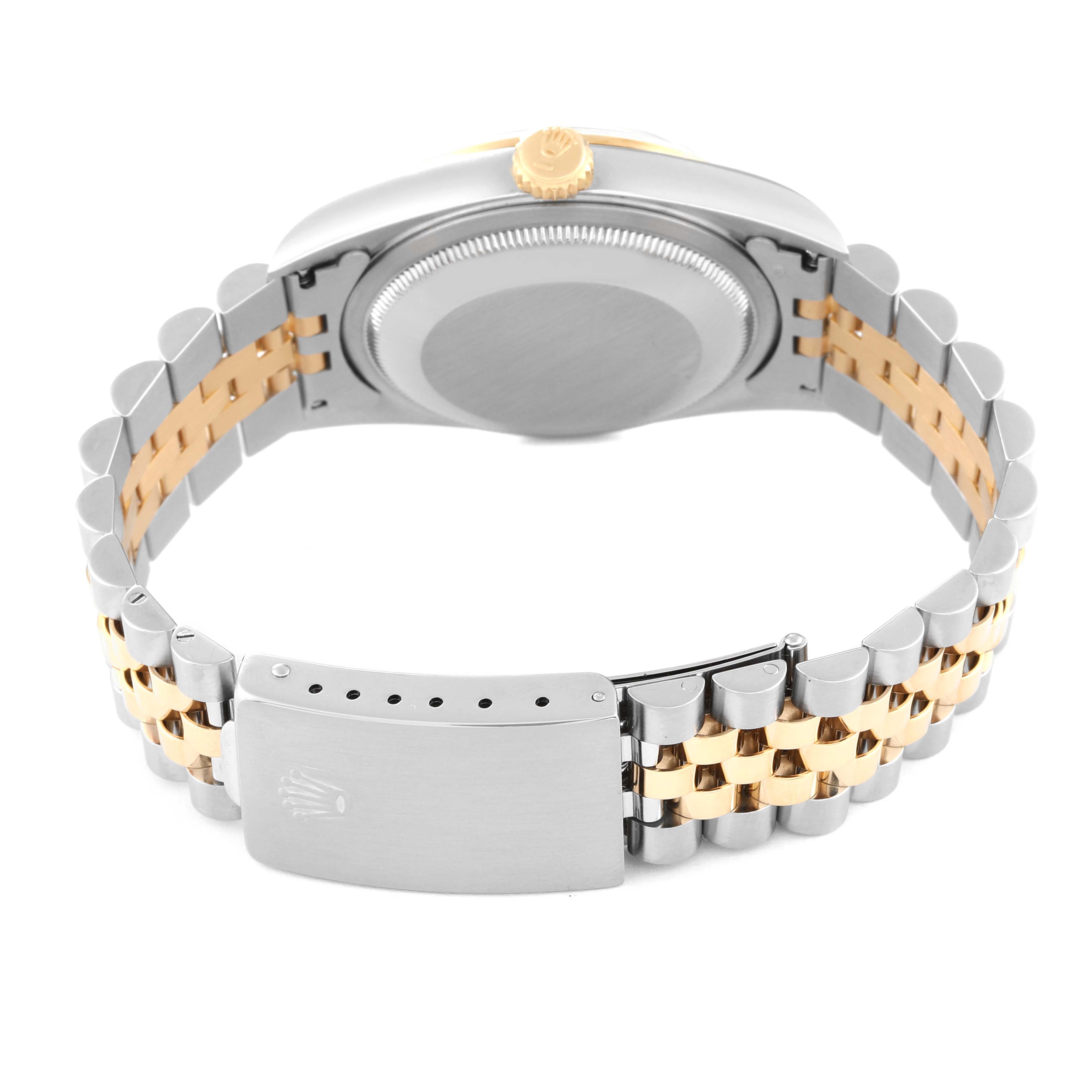 The image shows the back view of a Rolex Datejust 16203 Men's Stainless Steel Champagne Dial 16203 Men's Stainless Steel Champagne Dial watch, highlighting the case, crown, and two-tone bracelet with clasp.