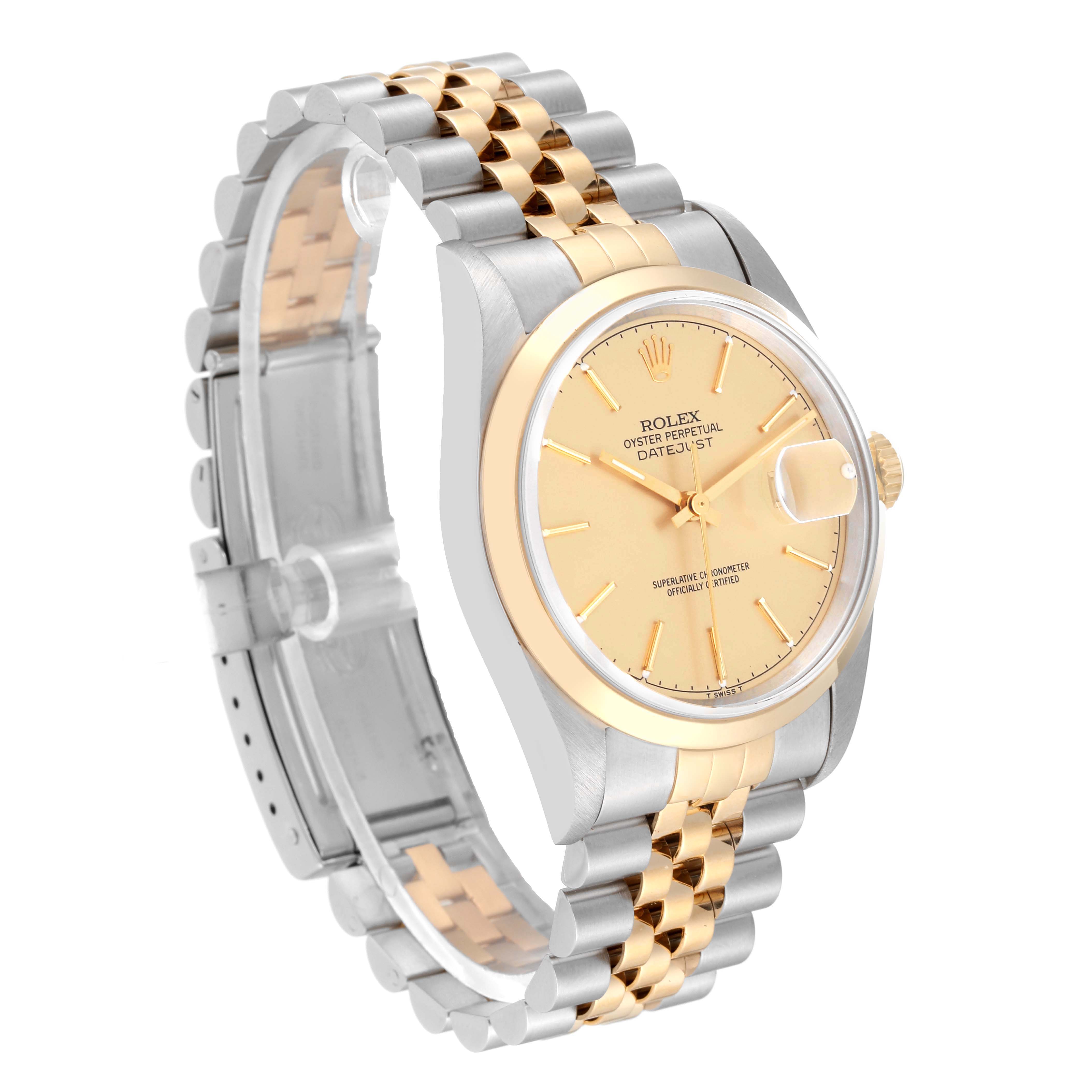 The image shows a Rolex Datejust 16203 Men's Stainless Steel Champagne Dial 16203 Men's Stainless Steel Champagne Dial watch at a slight angle, displaying its dial, bezel, and two-tone bracelet.