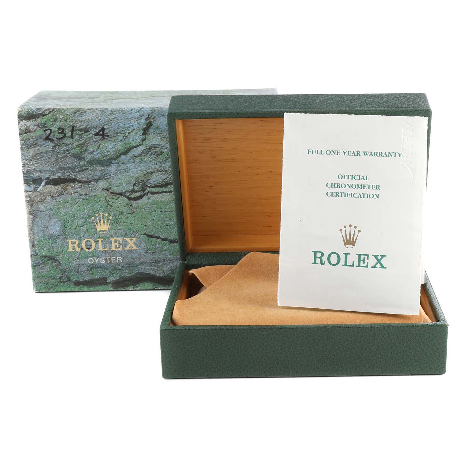 The image shows a Rolex Datejust 16203 Men's Stainless Steel Champagne Dial 16203 Men's Stainless Steel Champagne Dial box with the warranty card and official chronometer certification.