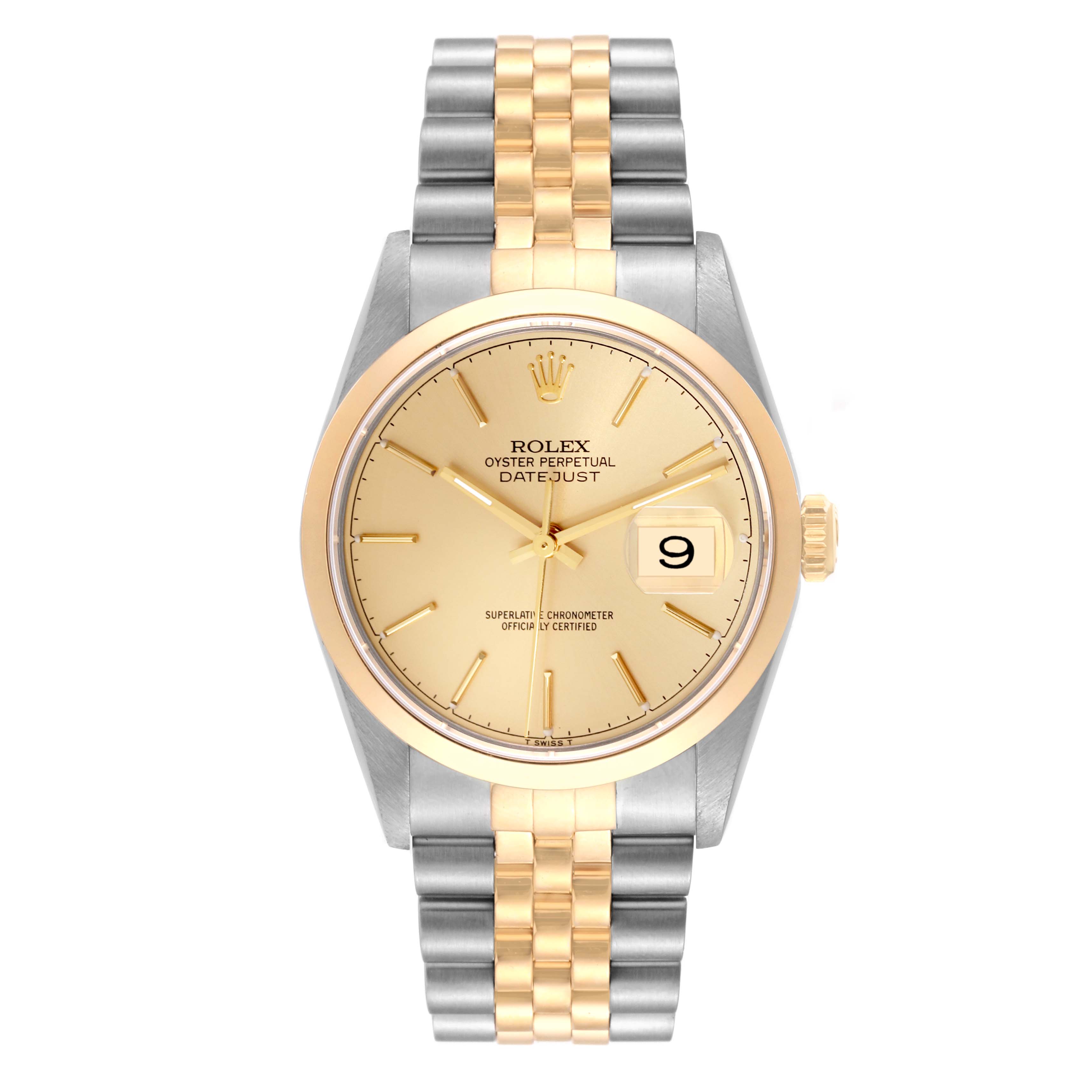 This image shows a Rolex Datejust 16203 Men's Stainless Steel Champagne Dial 16203 Men's Stainless Steel Champagne Dial watch from the front, including its gold and stainless steel bracelet, dial, and date window.