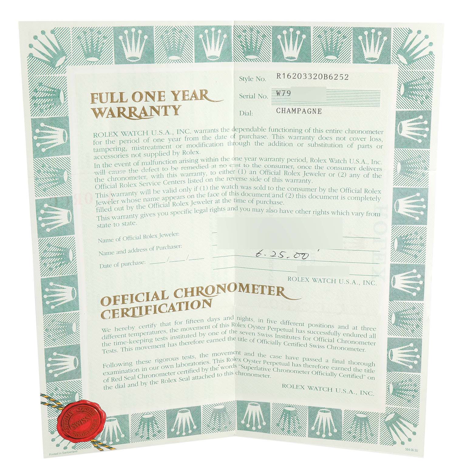 The image shows a full one-year warranty and official chronometer certification for a Rolex Datejust 16203 Men's Stainless Steel Champagne Dial 16203 Men's Stainless Steel Champagne Dial watch.