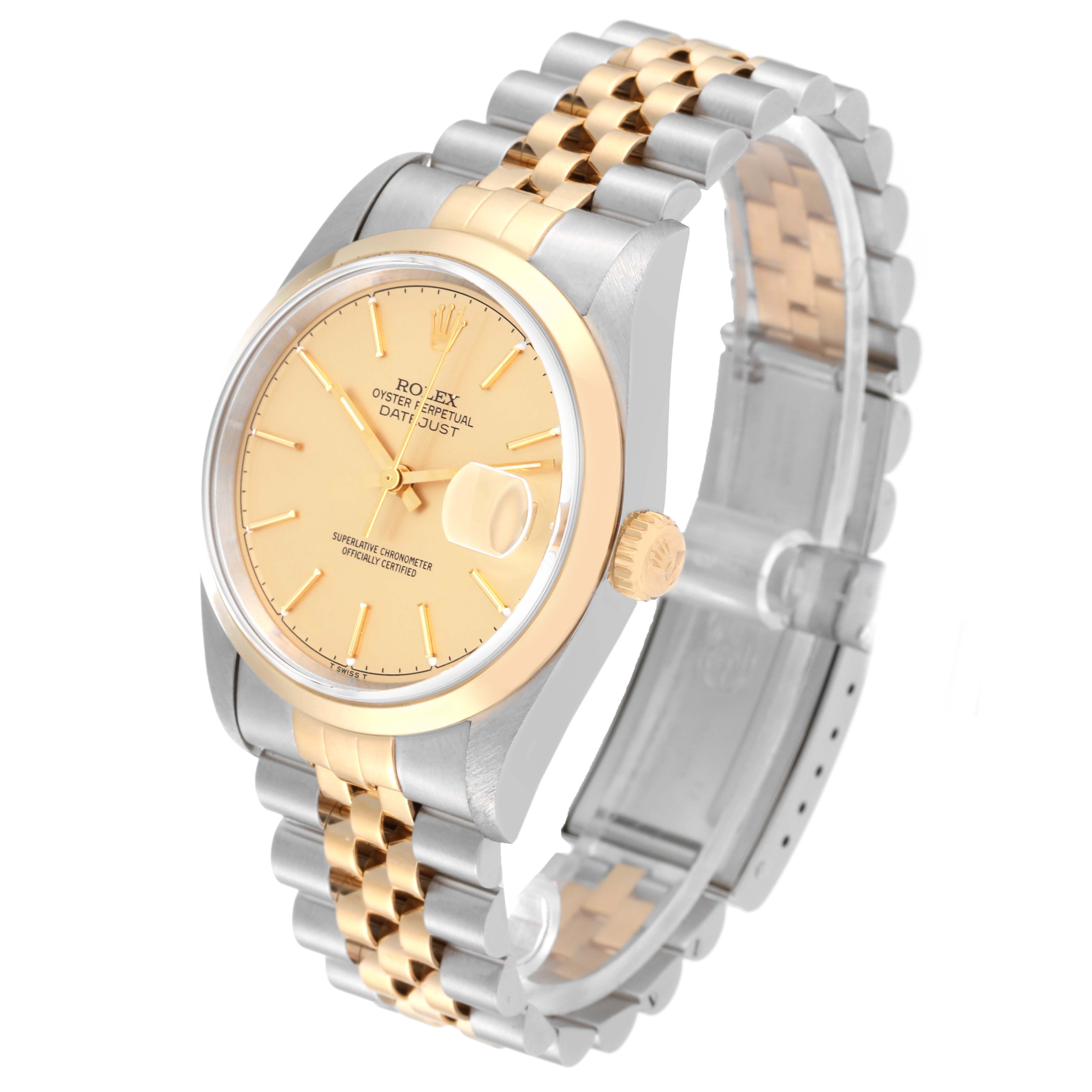 This image shows a Rolex Datejust 16203 Men's Stainless Steel Champagne Dial 16203 Men's Stainless Steel Champagne Dial watch at an angled view, displaying its dial, case, crown, and two-tone bracelet.