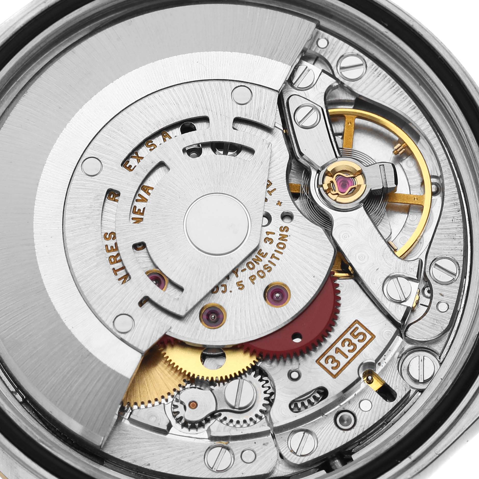 The image shows the internal mechanical movement of a Rolex Datejust 16203 Men's Stainless Steel Champagne Dial 16203 Men's Stainless Steel Champagne Dial watch taken from a close-up angle.