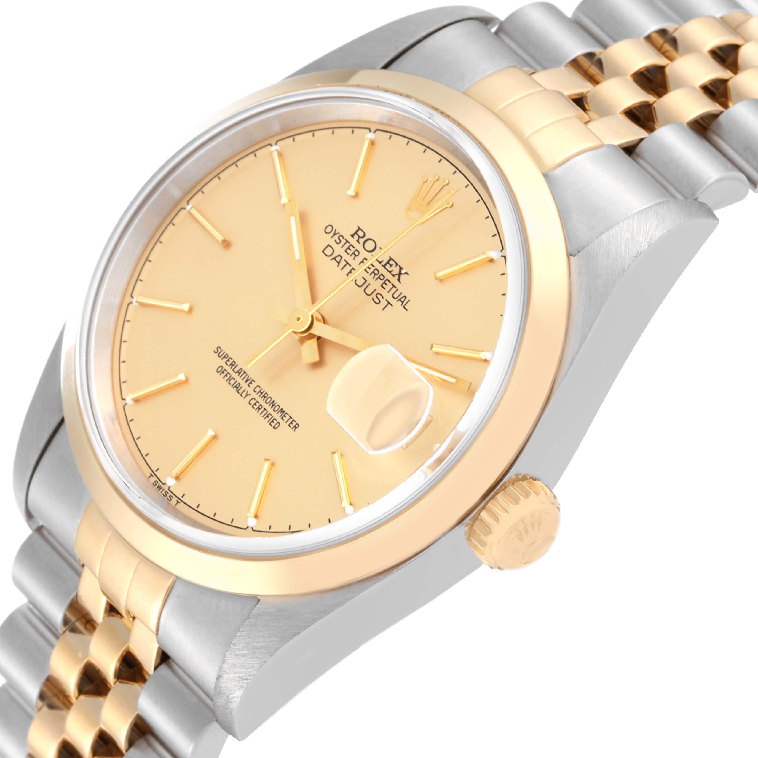 The image shows the Rolex Datejust 16203 Men's Stainless Steel Champagne Dial 16203 Men's Stainless Steel Champagne Dial watch at an oblique angle highlighting its gold-tone dial, date window, bezel, and two-tone bracelet.