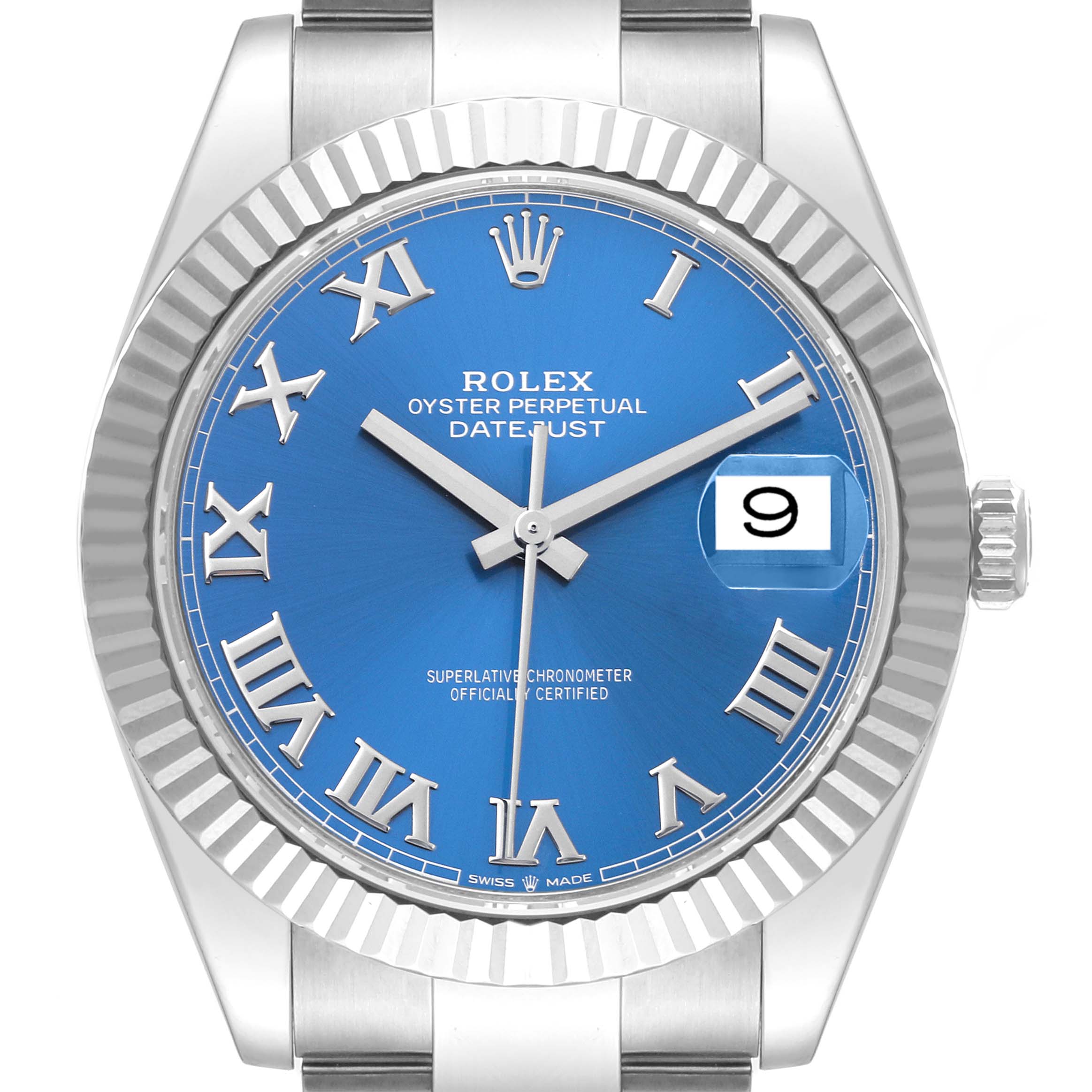 This image shows a close-up, front view of the Rolex Datejust 41 126334 Men's Stainless Steel Blue Dial 126334 Men's Stainless Steel Blue Dial watch, highlighting its blue dial, Roman numerals, and fluted bezel.