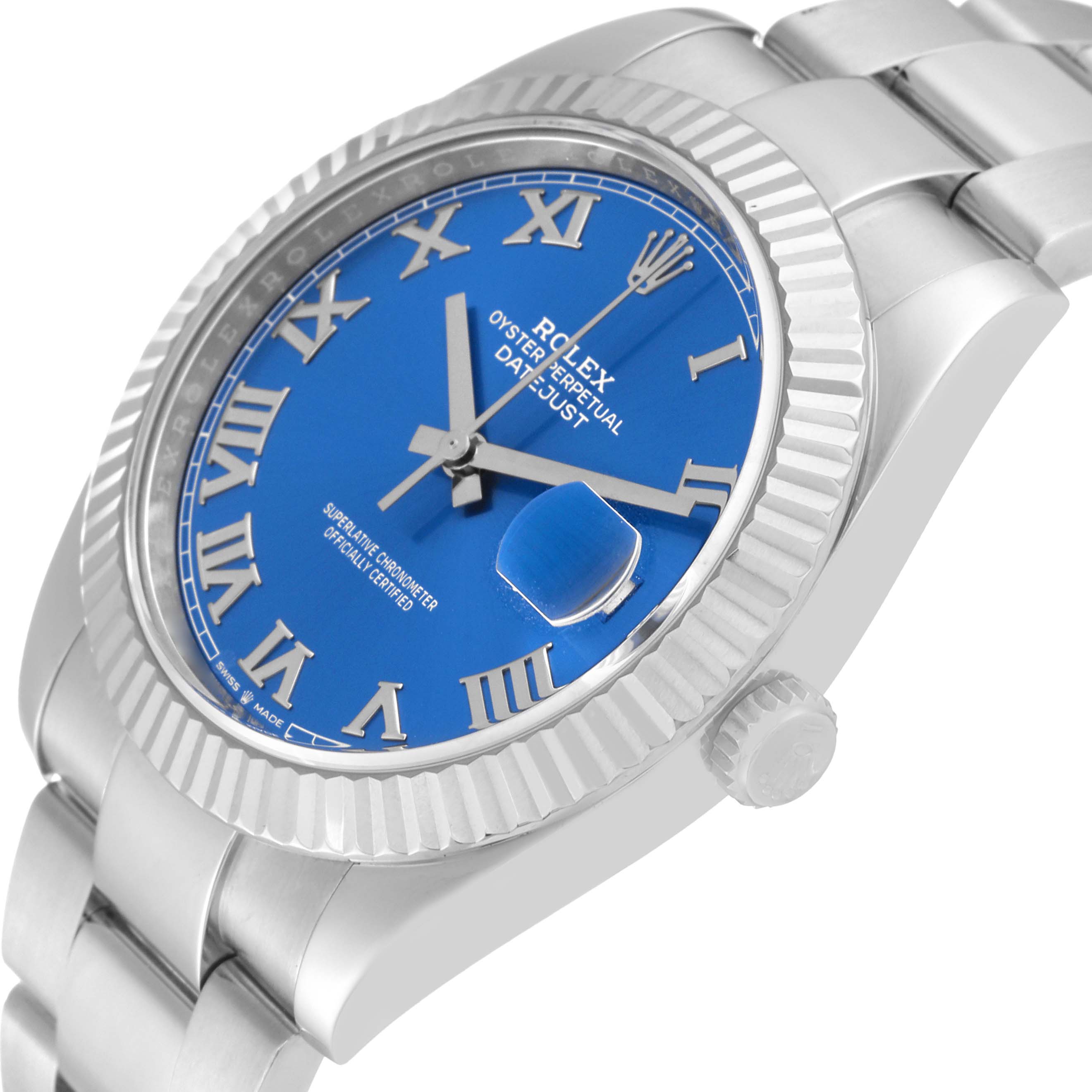 The image shows the Rolex Datejust 41 126334 Men's Stainless Steel Blue Dial 126334 Men's Stainless Steel Blue Dial watch from an angled view, displaying its blue dial, fluted bezel, and part of the bracelet.