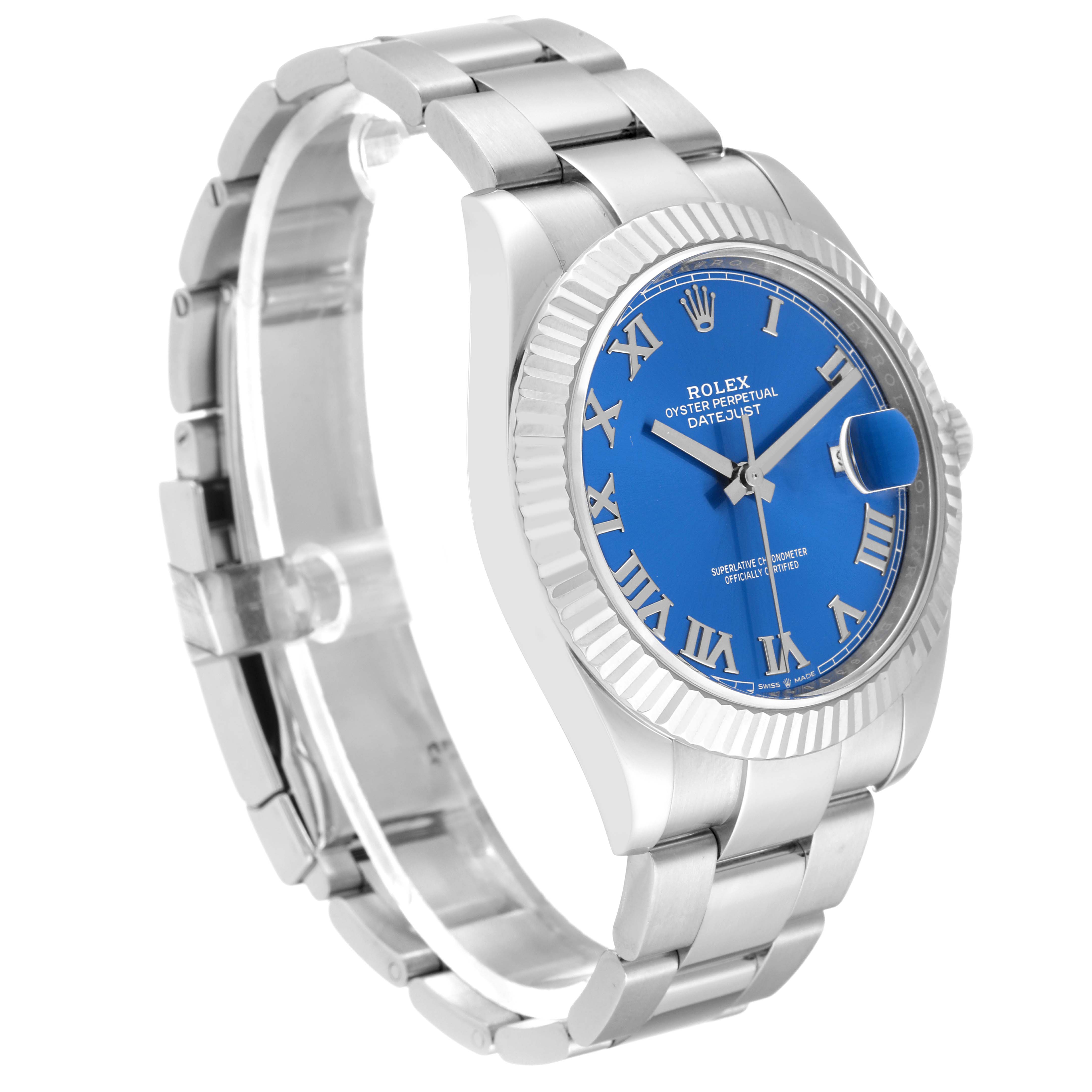 The image shows a Rolex Datejust 41 126334 Men's Stainless Steel Blue Dial 126334 Men's Stainless Steel Blue Dial watch from a slight angle, highlighting its blue dial, fluted bezel, and silver bracelet.