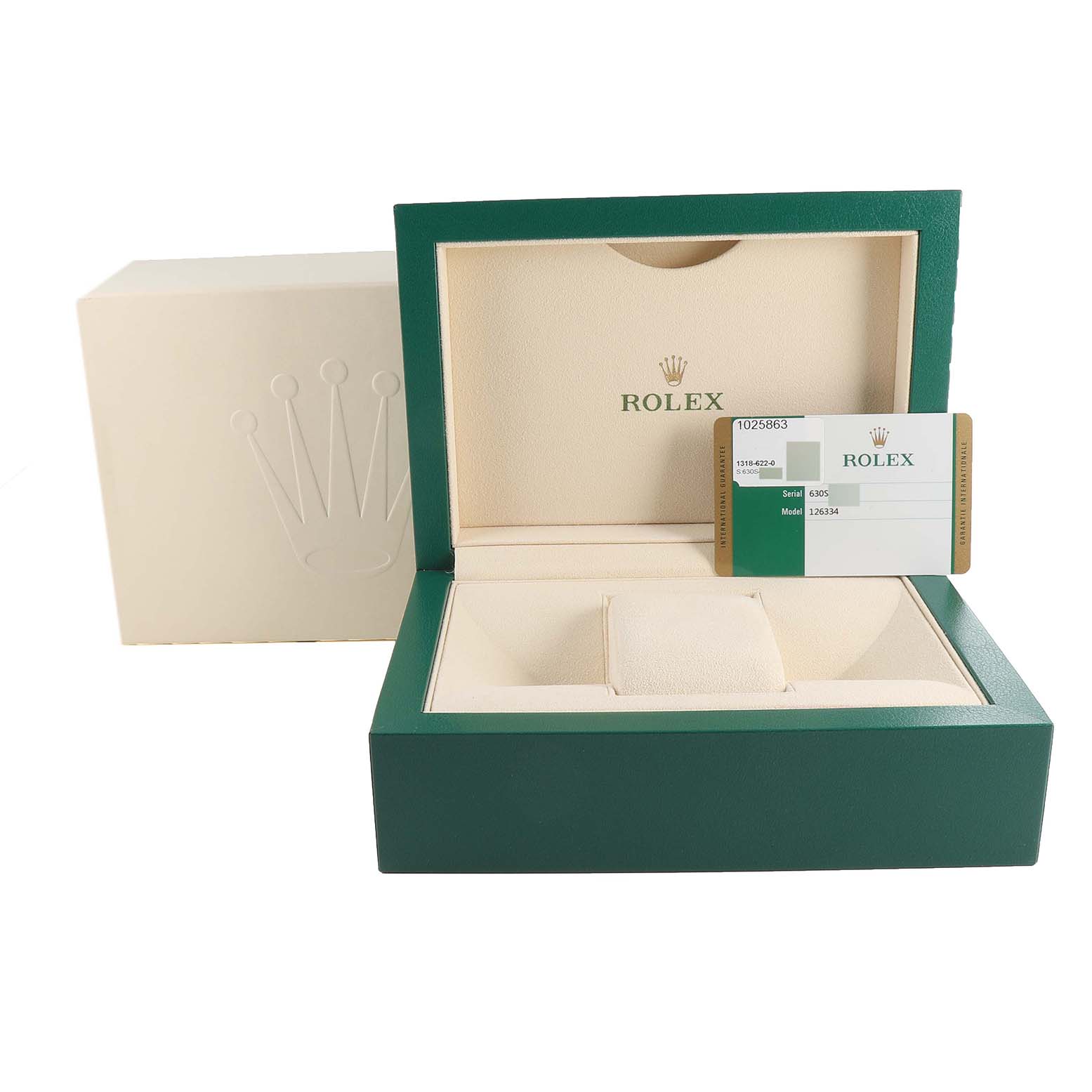 The image shows the opened packaging and warranty card for the Rolex Datejust 41 126334 Men's Stainless Steel Blue Dial 126334 Men's Stainless Steel Blue Dial watch.