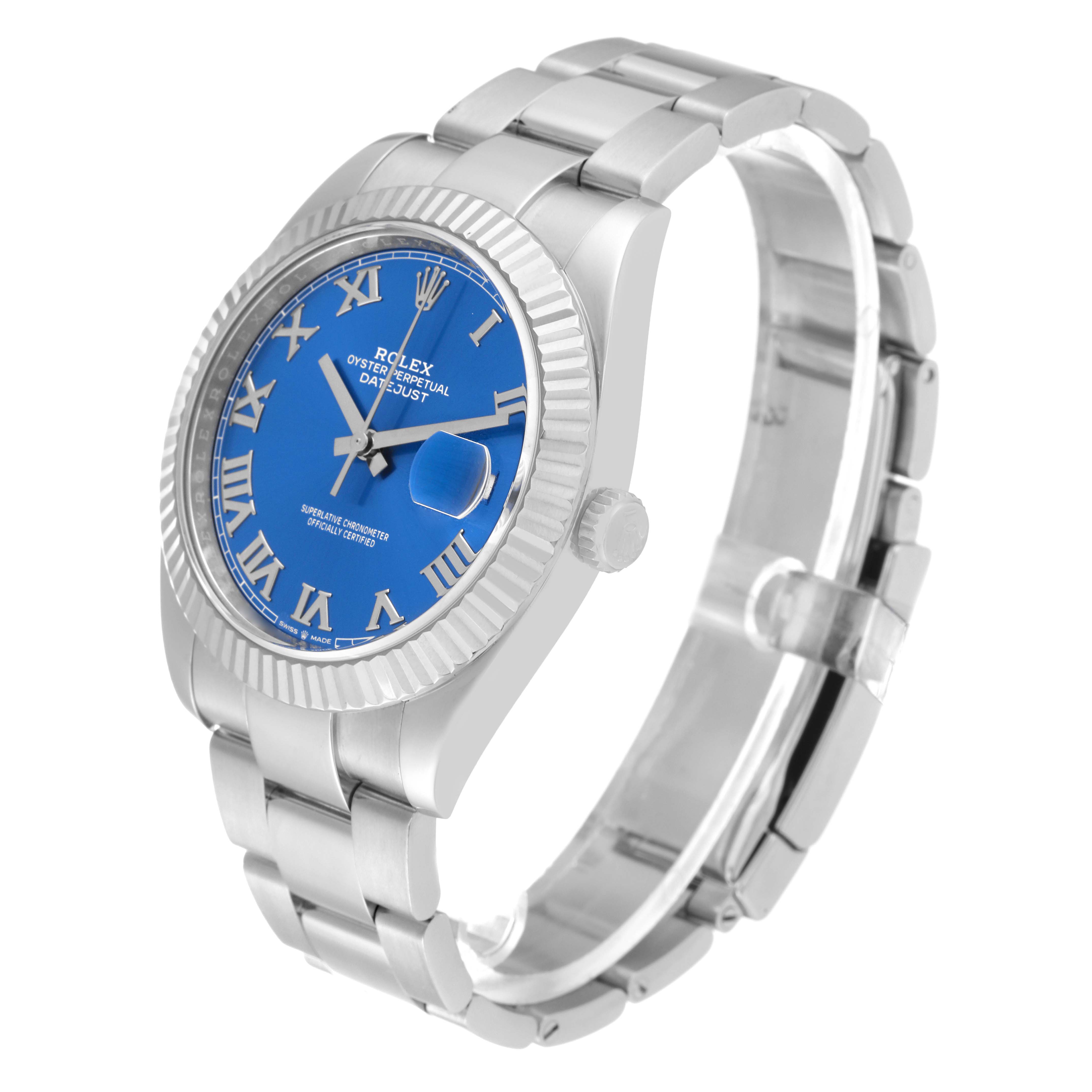 The image shows a Rolex Datejust 41 126334 Men's Stainless Steel Blue Dial 126334 Men's Stainless Steel Blue Dial watch at a slight angle, displaying its blue dial, fluted bezel, and stainless steel bracelet.