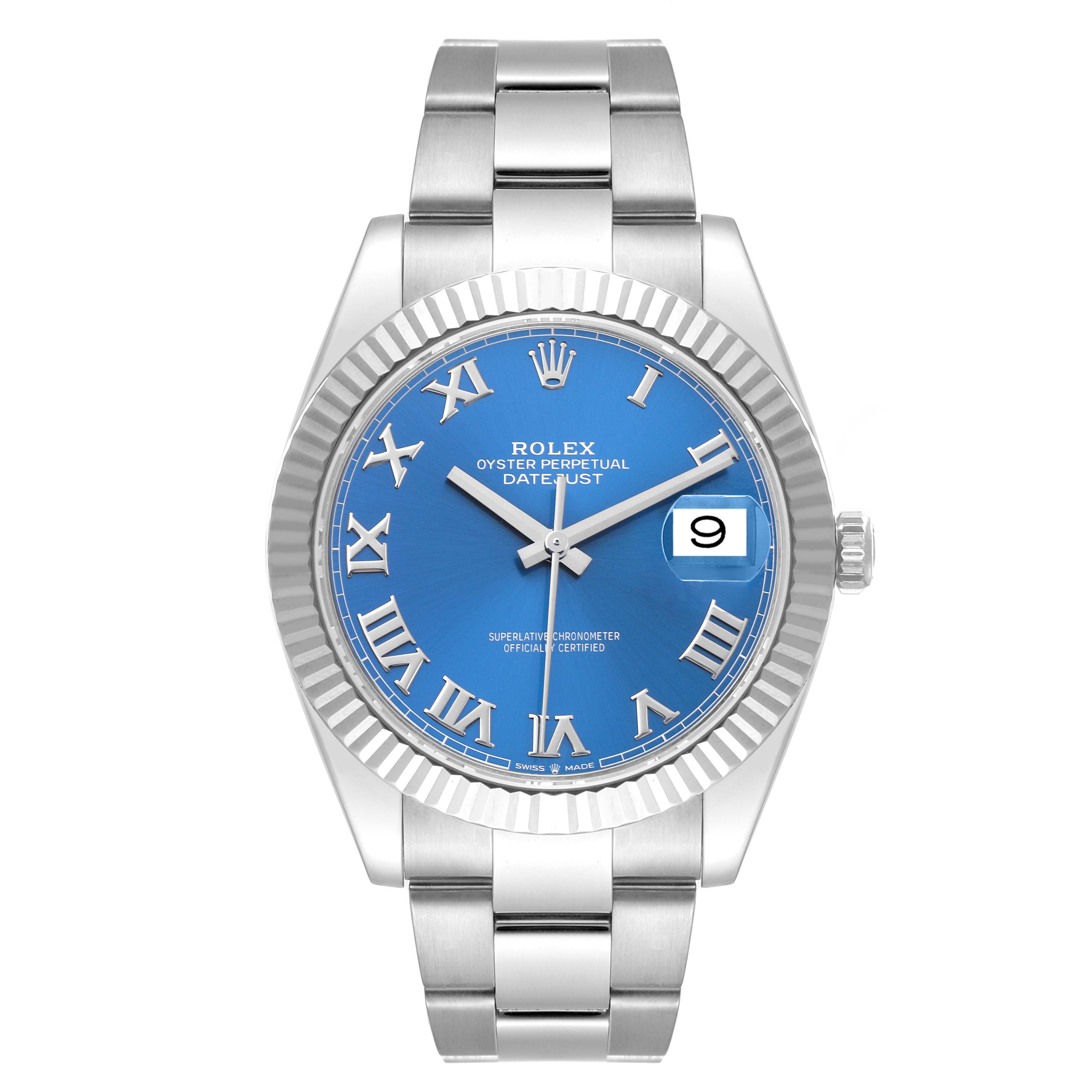 The Rolex Datejust 41 126334 Men's Stainless Steel Blue Dial 126334 Men's Stainless Steel Blue Dial watch is shown from a top-down angle, showcasing the entire watch face, bezel, and bracelet.