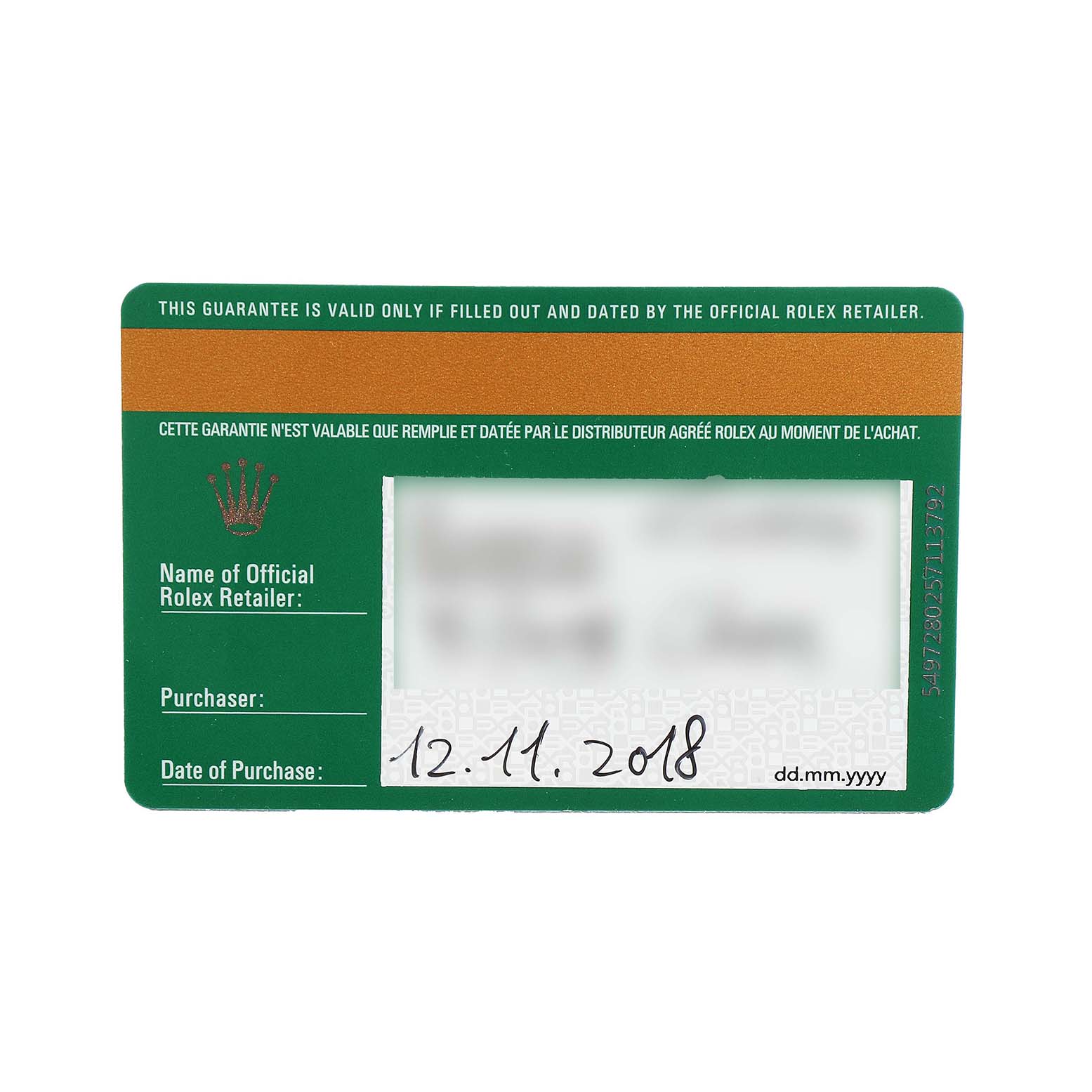 The image shows a warranty card for a Rolex Datejust 116200 Men's Stainless Steel Blue Dial watch, with details like purchase date visible.