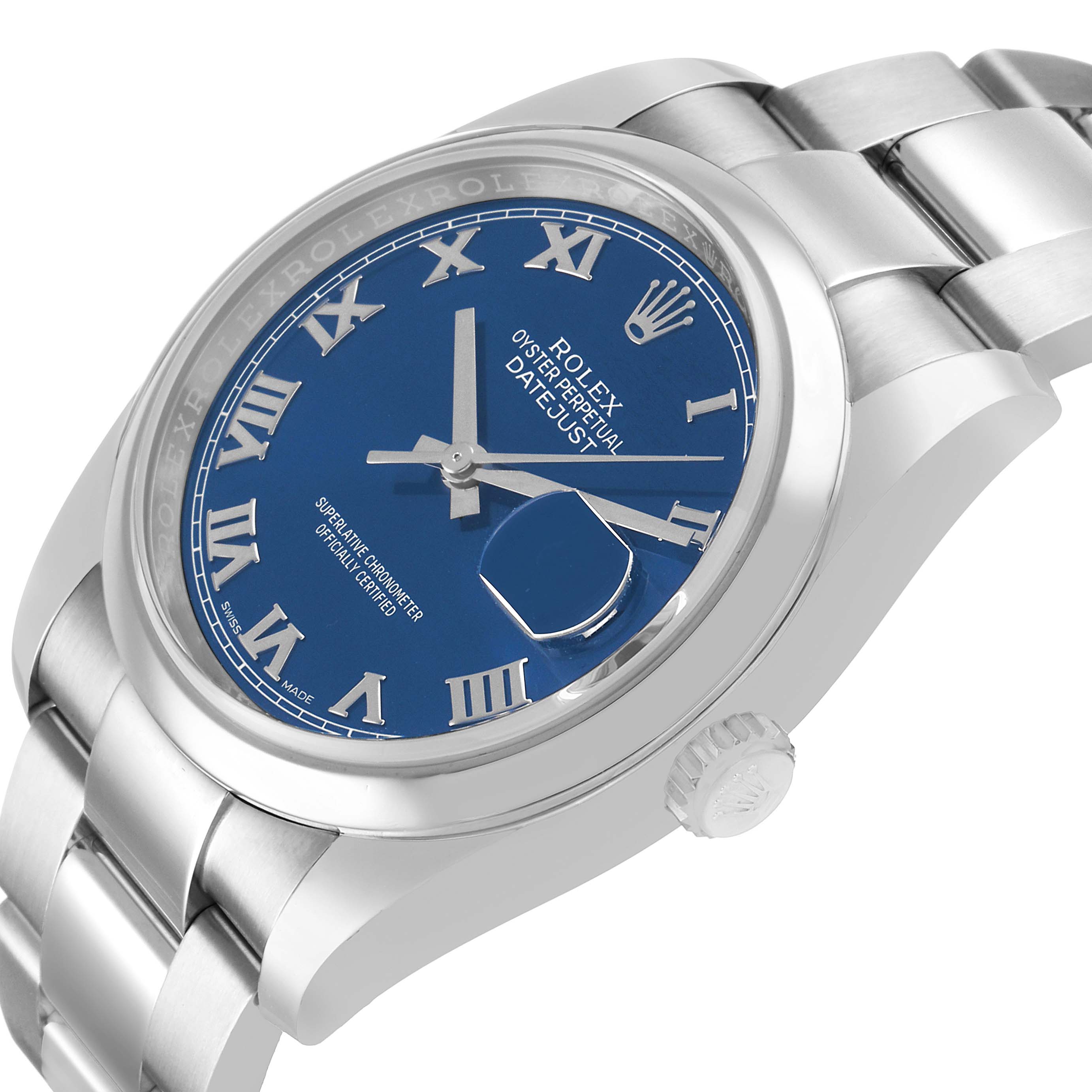 The Rolex Datejust 116200 Men's Stainless Steel Blue Dial watch is shown at an angled view, displaying its blue dial, Roman numerals, and bracelet, with a focus on the crown.