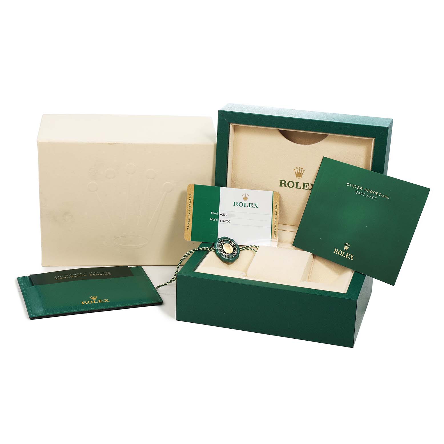 The image shows the packaging and accessories of a Rolex Datejust 116200 Men's Stainless Steel Blue Dial, including a box, warranty card, booklet, and tag.