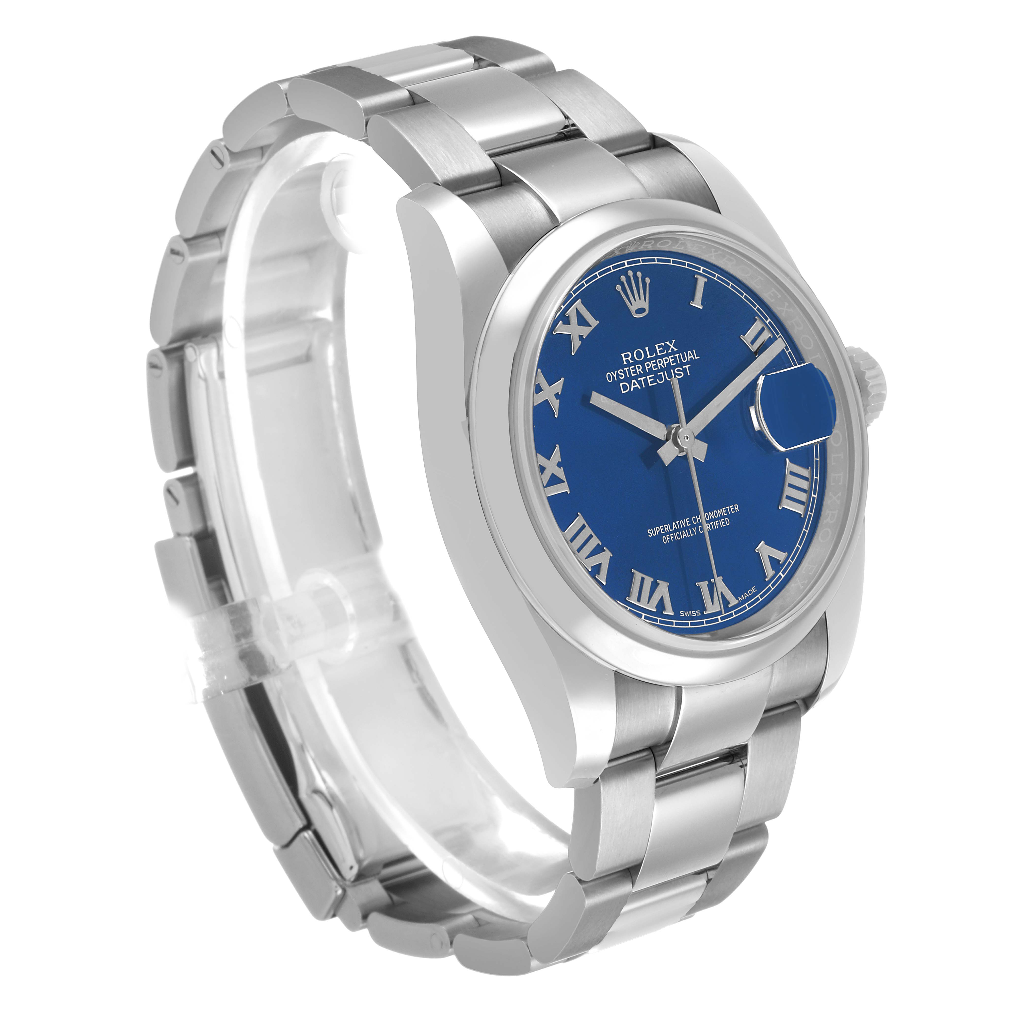 The Rolex Datejust 116200 Men's Stainless Steel Blue Dial watch is shown at a three-quarter angle, displaying the blue dial, stainless steel case, and bracelet.