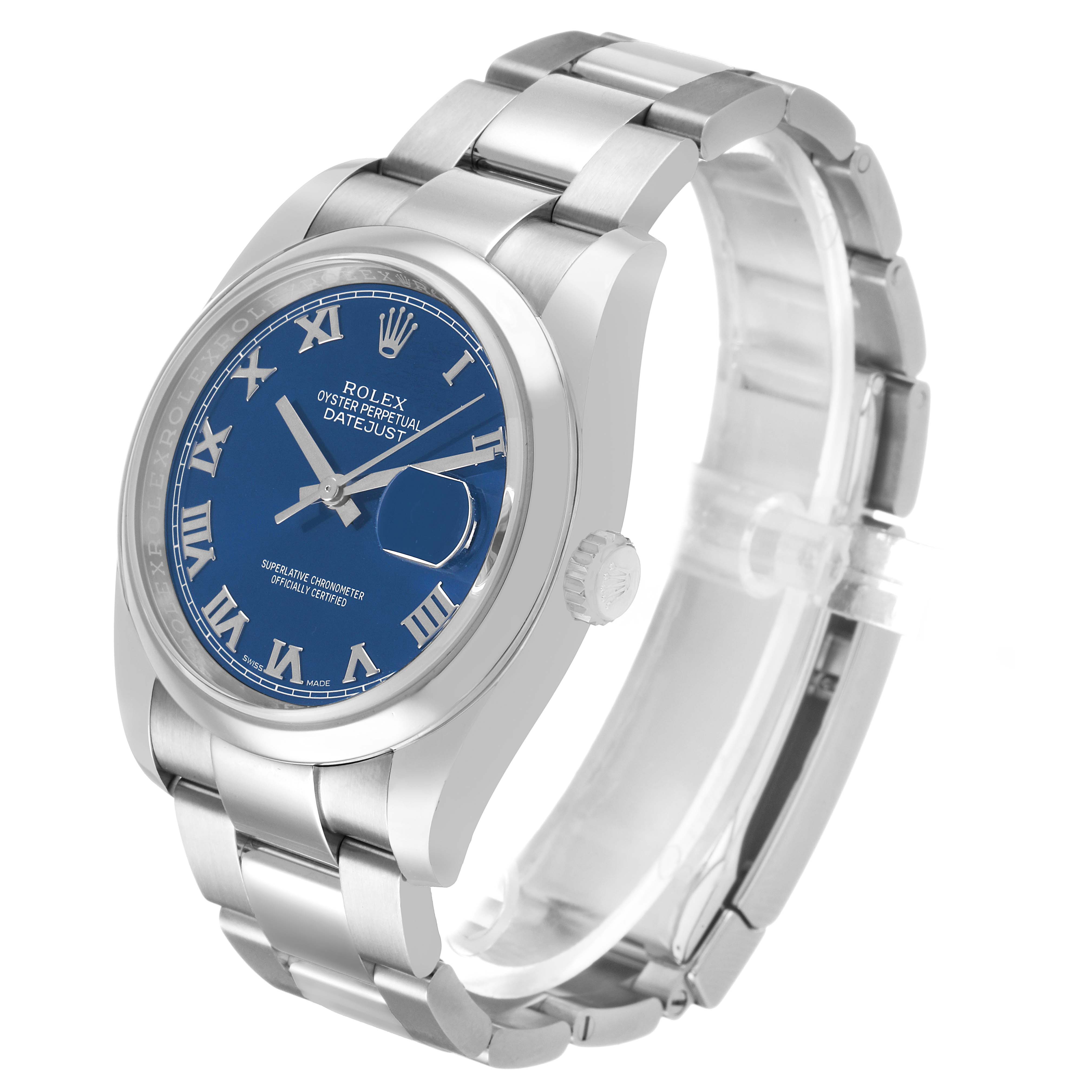 The Rolex Datejust 116200 Men's Stainless Steel Blue Dial watch is shown at a three-quarter angle, displaying the blue dial, bracelet, and crown.