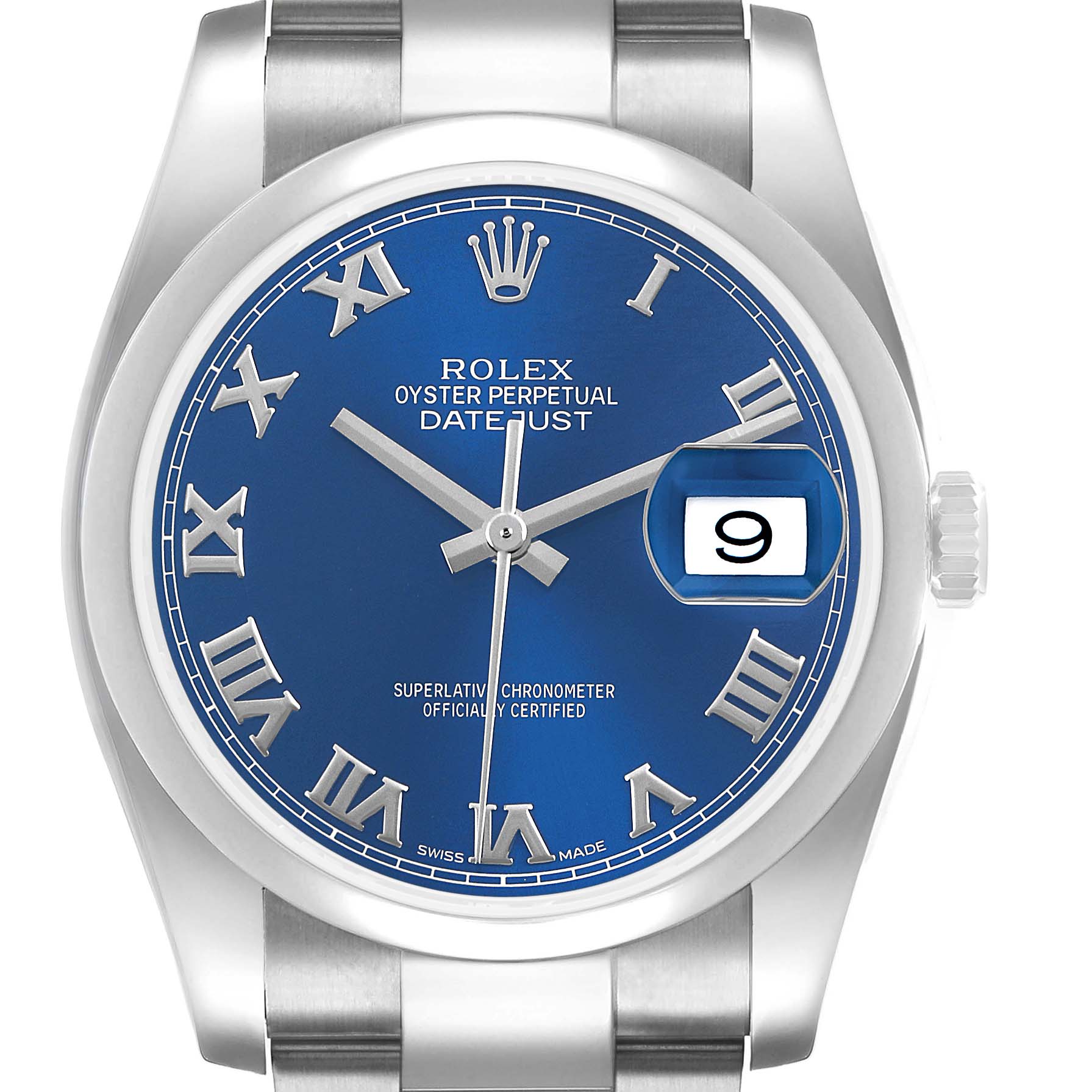 The Rolex Datejust 116200 Men's Stainless Steel Blue Dial watch is shown from the front, highlighting its blue dial, Roman numerals, and date window.