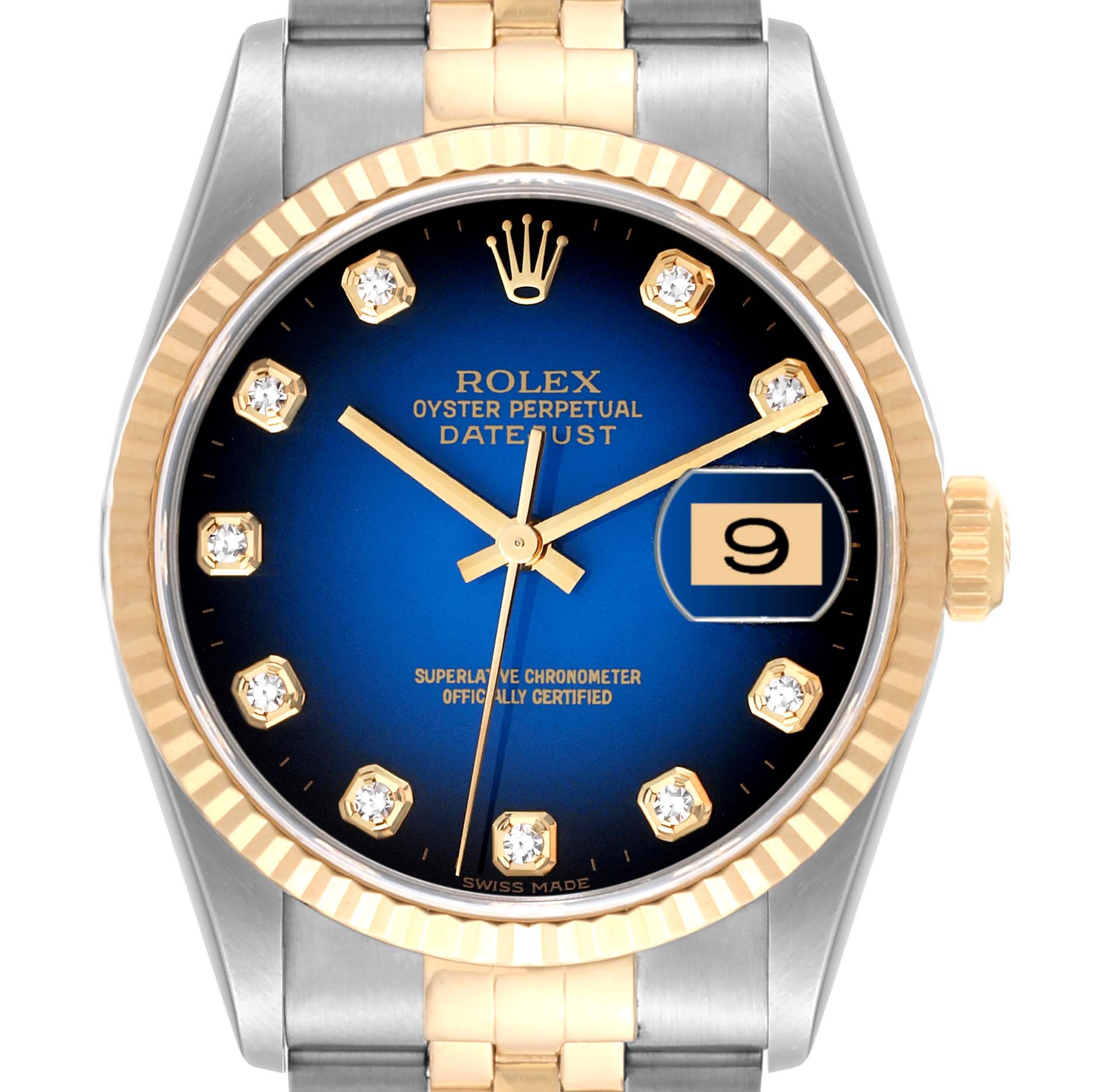 The image shows the front view of a Rolex Datejust 16233 Men's Steel and Gold (two tone) Blue Dial 16233 Men's Steel and Gold (two tone) Blue Dial watch, highlighting its blue dial, date display, and bi-metal bracelet.