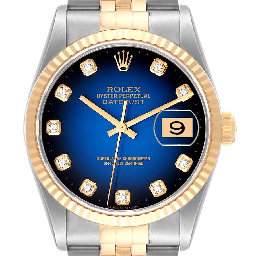 Rolex Datejust Blue Vignette Diamond Dial Steel Yellow Gold Mens Watch 16233 Box Papers SwissWatchExpo