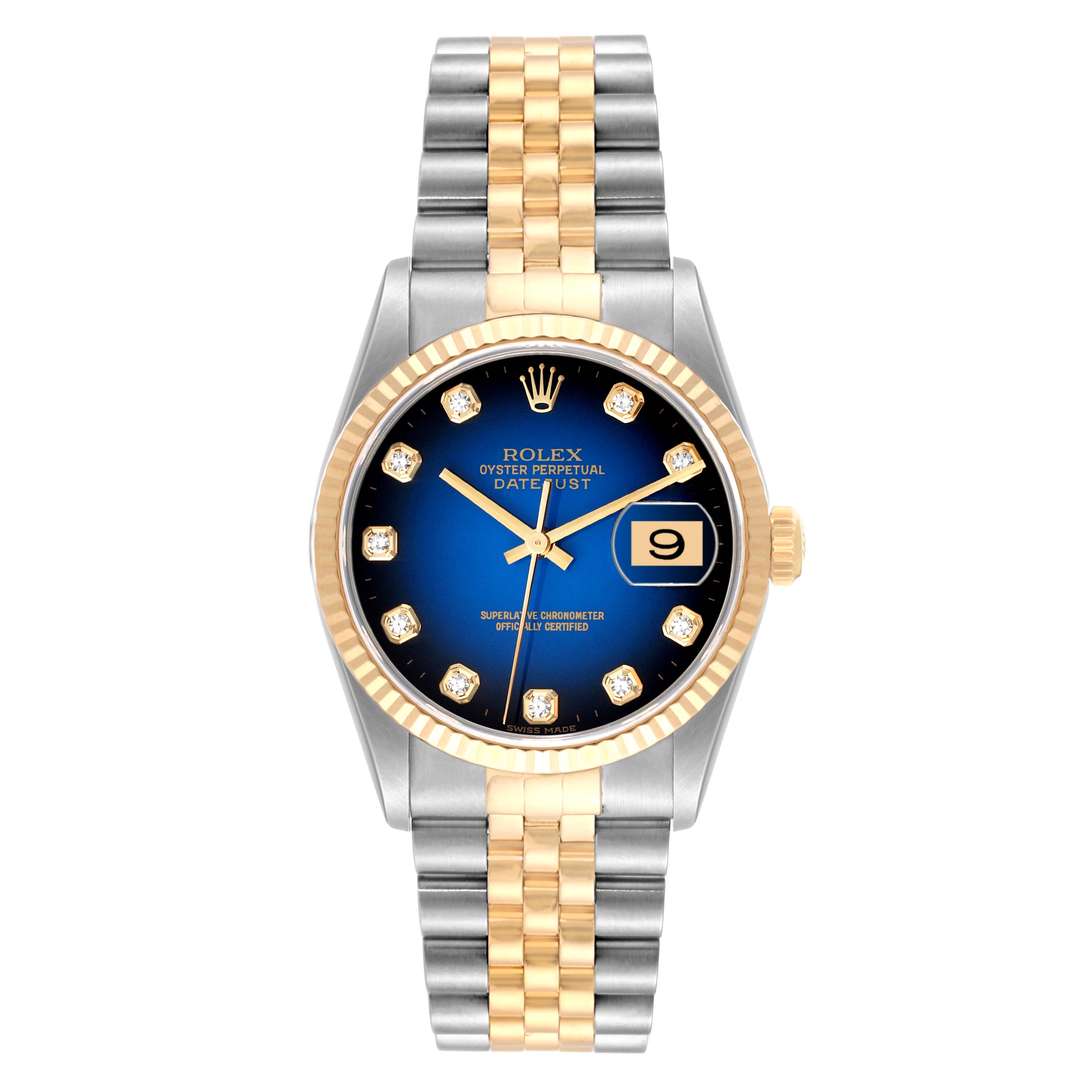 The image shows a front view of a Rolex Datejust 16233 Men's Steel and Gold (two tone) Blue Dial 16233 Men's Steel and Gold (two tone) Blue Dial watch, highlighting its blue dial, date window, and two-tone bracelet.