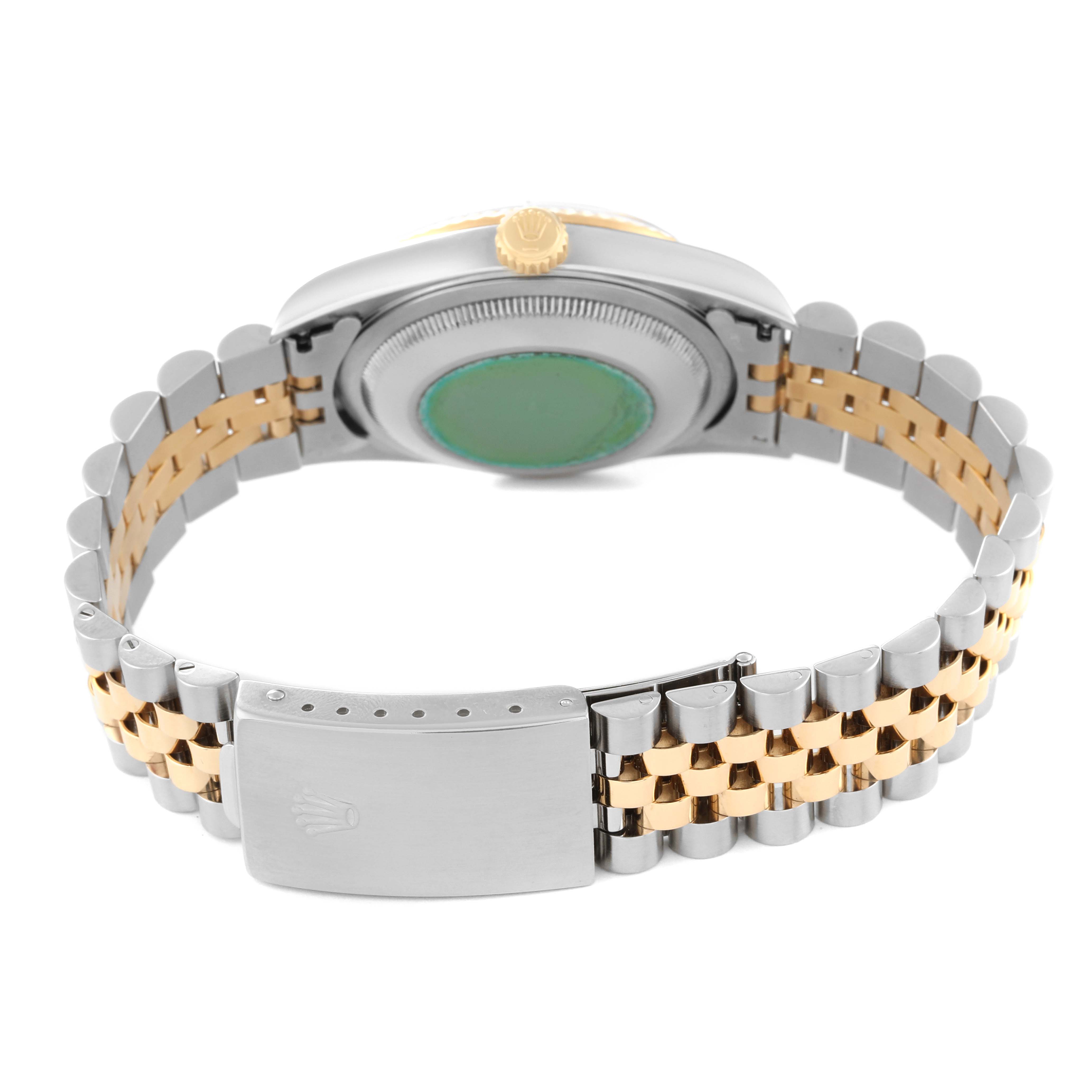 This image shows the back view of a Rolex Datejust 16233 Men's Steel and Gold (two tone) Blue Dial 16233 Men's Steel and Gold (two tone) Blue Dial watch, including the case, crown, and two-tone bracelet with clasp.