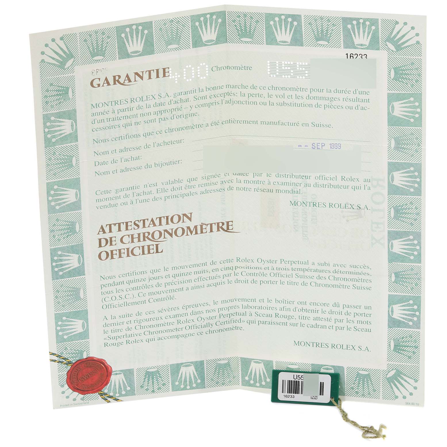 The image shows the warranty certificate of a Rolex Datejust 16233 Men's Steel and Gold (two tone) Blue Dial 16233 Men's Steel and Gold (two tone) Blue Dial watch, featuring text in French and a green and white design.