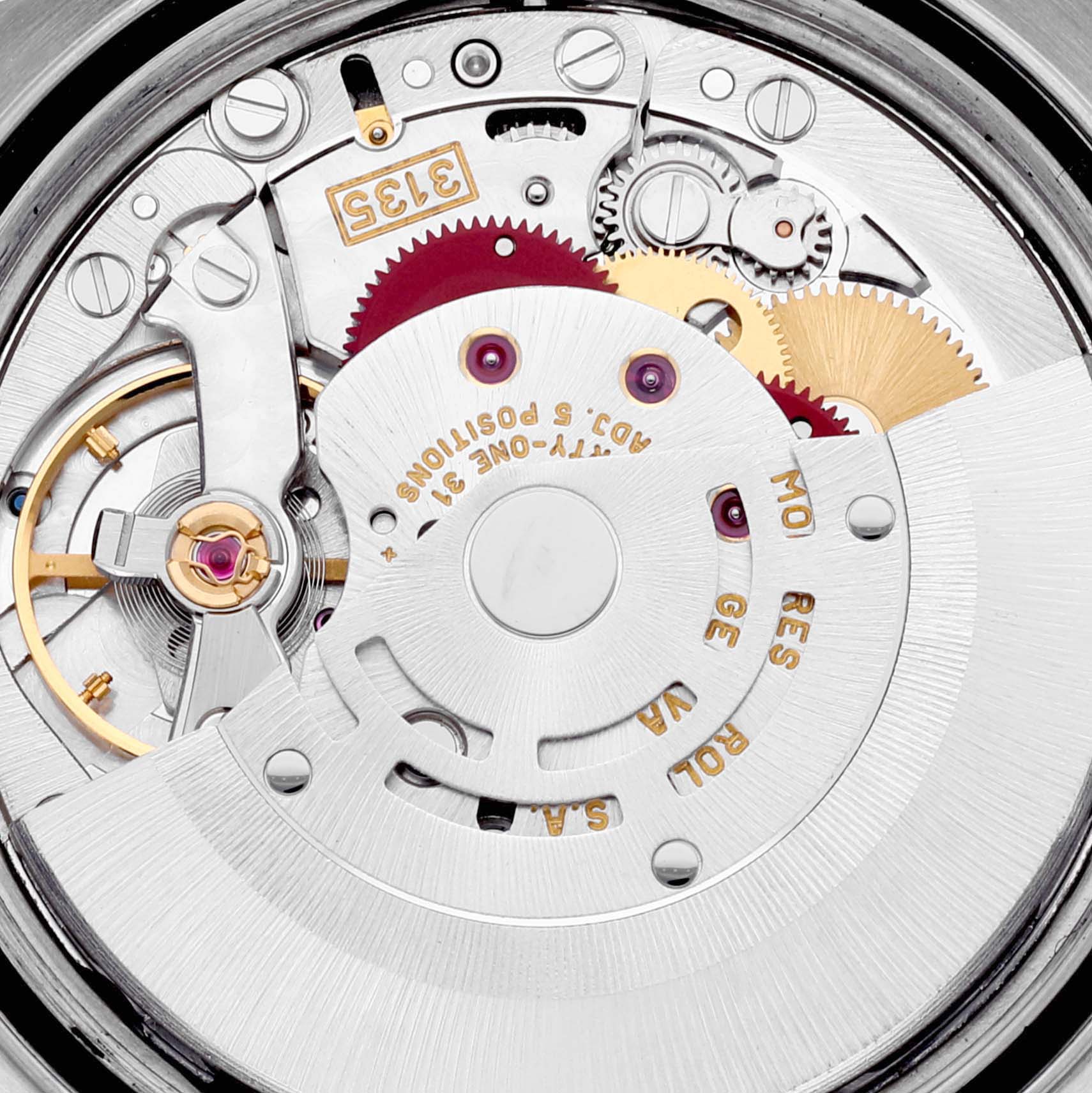 This is a close-up view of the movement mechanism of the Rolex Datejust 16233 Men's Steel and Gold (two tone) Blue Dial 16233 Men's Steel and Gold (two tone) Blue Dial watch, showing gears and intricate components.