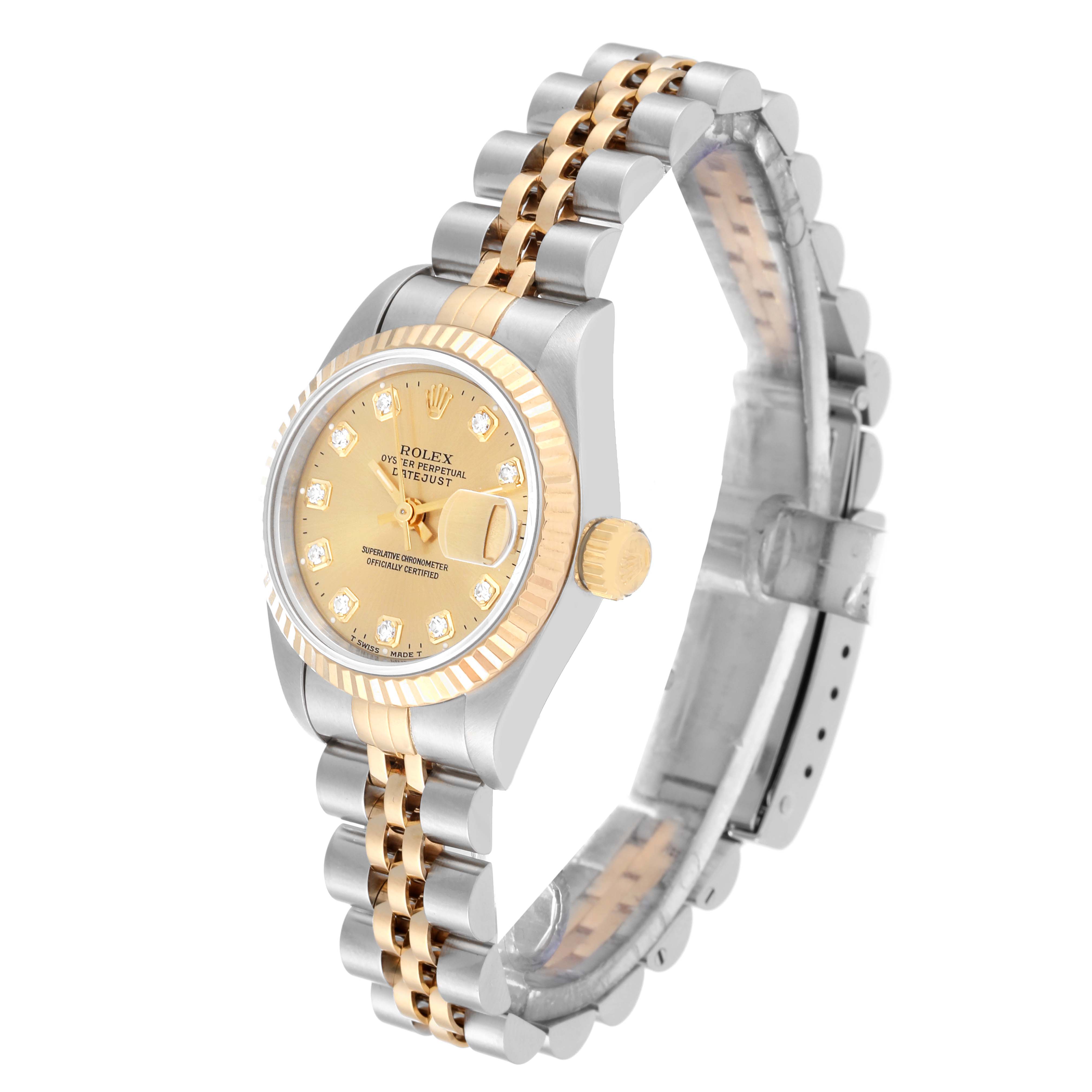 This image shows a side and front angle of a Rolex Datejust 69173G Women's Steel and Gold (two tone) Champagne Dial 69173G Women's Steel and Gold (two tone) Champagne Dial watch, highlighting its gold and silver bracelet, dial, and crown.