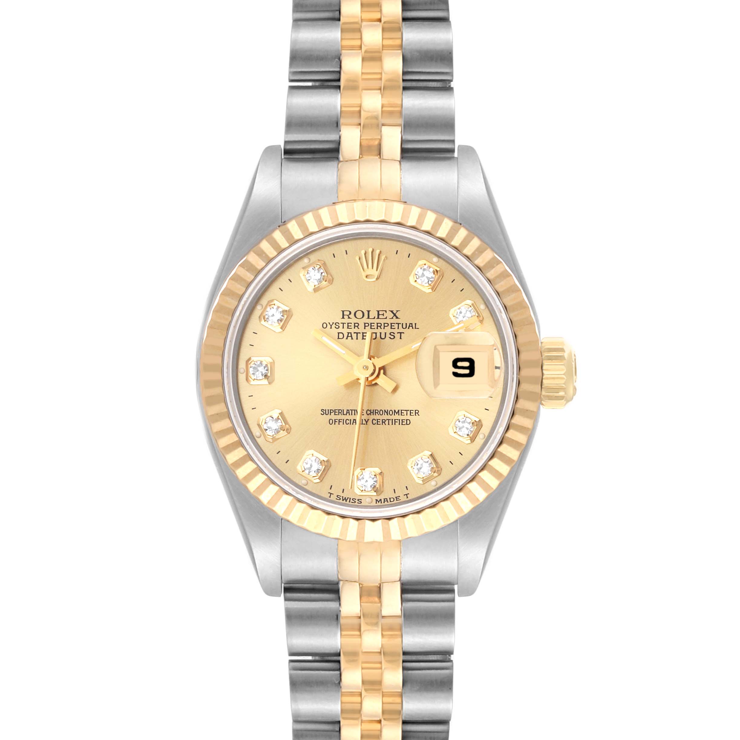 The image shows a frontal view of a Rolex Datejust 69173G Women's Steel and Gold (two tone) Champagne Dial 69173G Women's Steel and Gold (two tone) Champagne Dial watch featuring a gold dial, date display, and a two-tone metal bracelet.