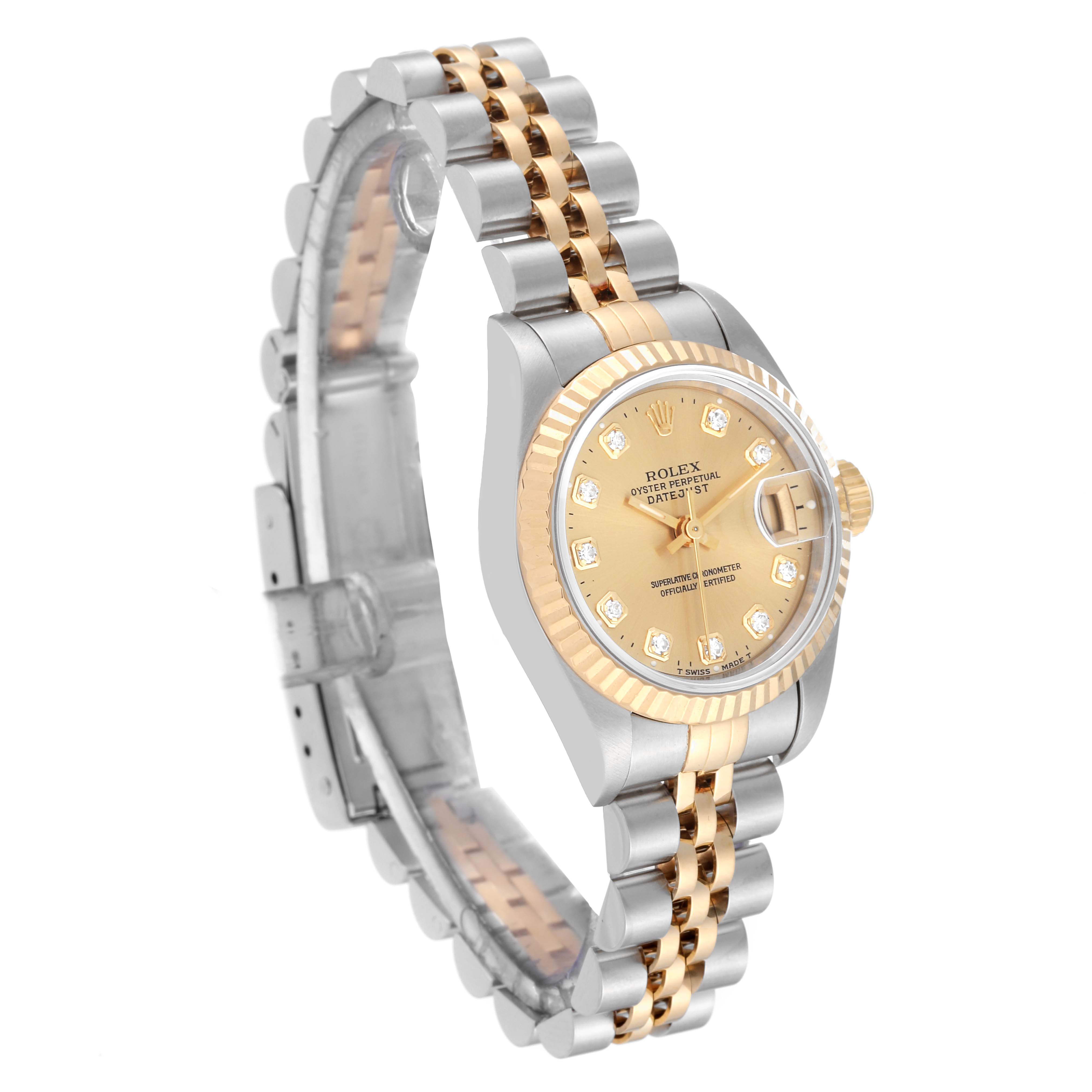 The image shows a Rolex Datejust 69173G Women's Steel and Gold (two tone) Champagne Dial 69173G Women's Steel and Gold (two tone) Champagne Dial watch at an angle highlighting its face, fluted bezel, and two-tone Jubilee bracelet.