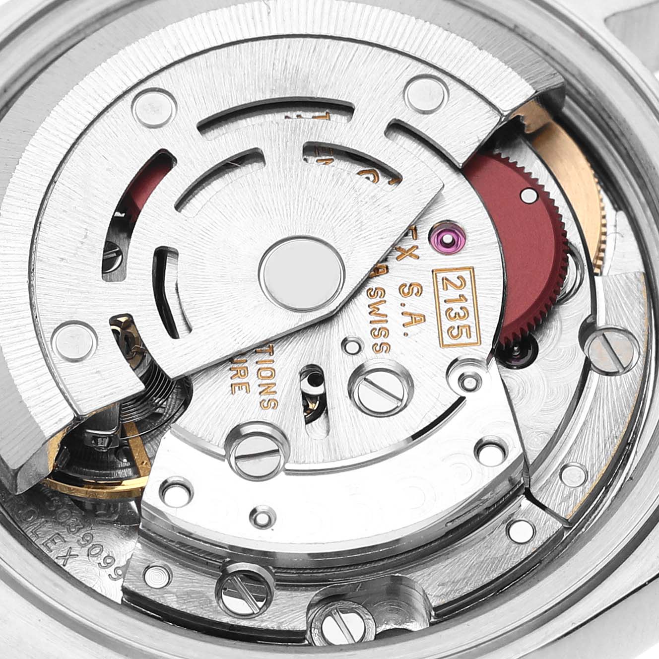 This image shows a close-up view of the movement inside a Rolex Datejust 69173G Women's Steel and Gold (two tone) Champagne Dial 69173G Women's Steel and Gold (two tone) Champagne Dial watch.