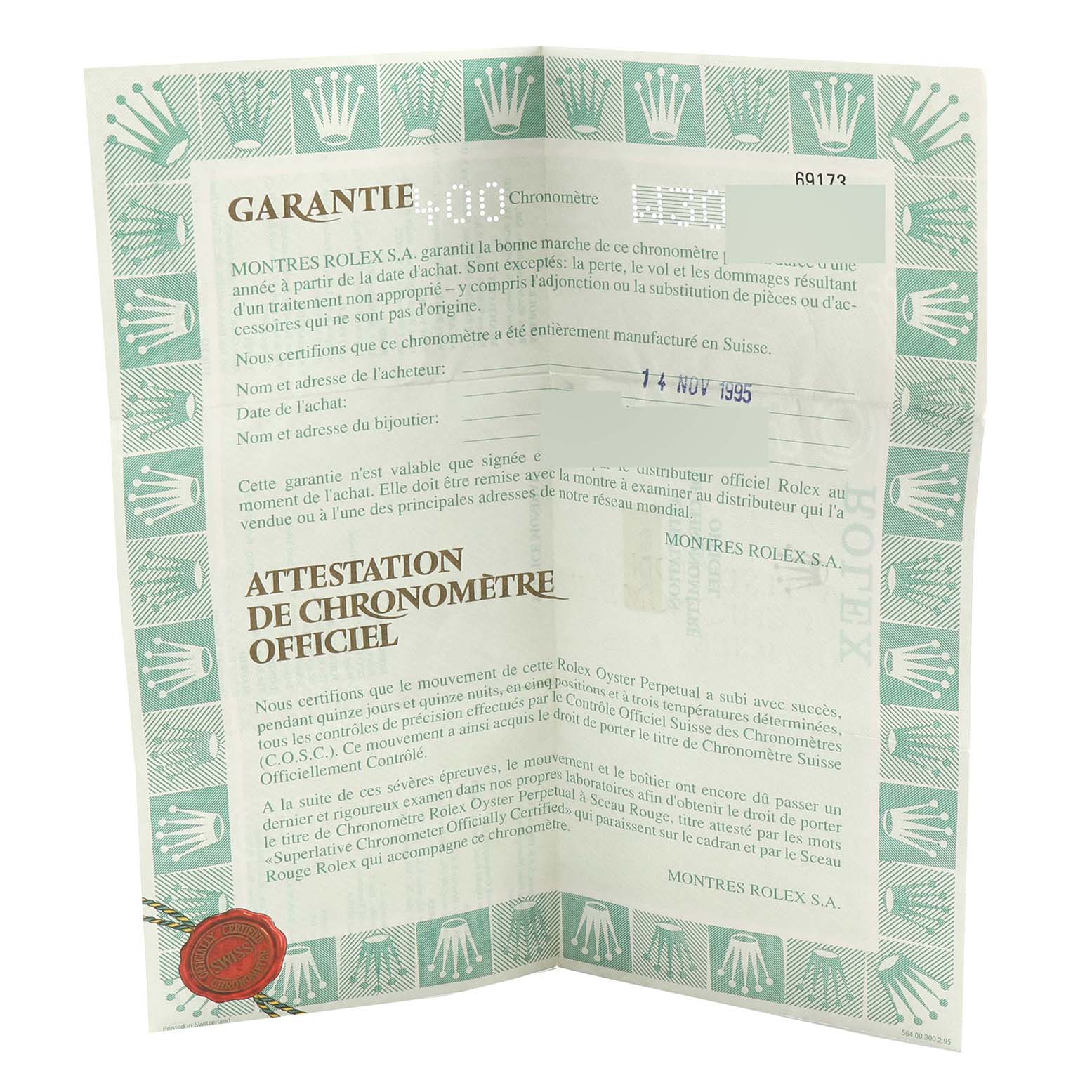 This image shows an open warranty and certification document for a Rolex Datejust 69173G Women's Steel and Gold (two tone) Champagne Dial 69173G Women's Steel and Gold (two tone) Champagne Dial watch, dated November 14, 1995.