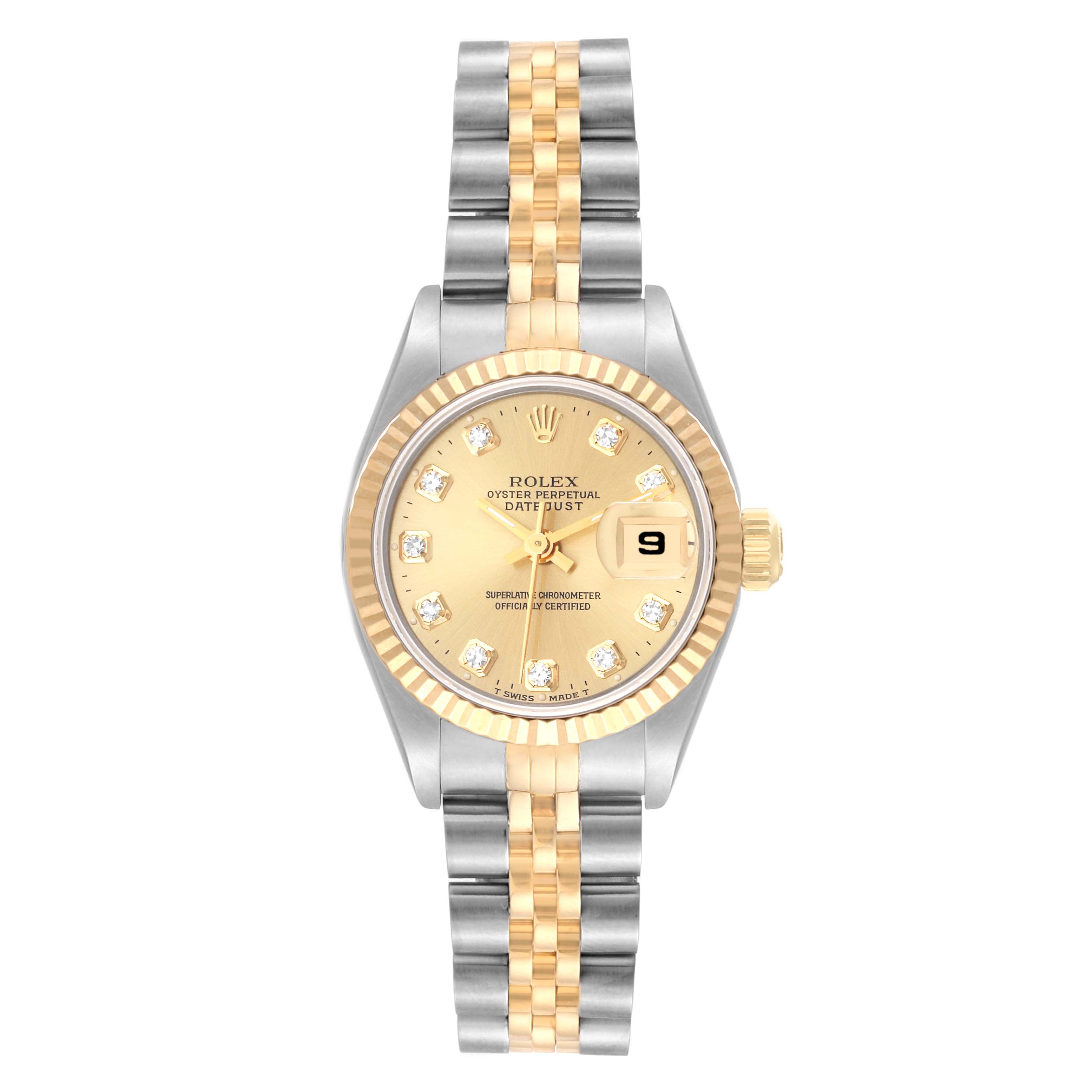 The image shows a Rolex Datejust 69173G Women's Steel and Gold (two tone) Champagne Dial 69173G Women's Steel and Gold (two tone) Champagne Dial watch from a top-down angle, highlighting its two-tone bracelet, fluted bezel, and date window.